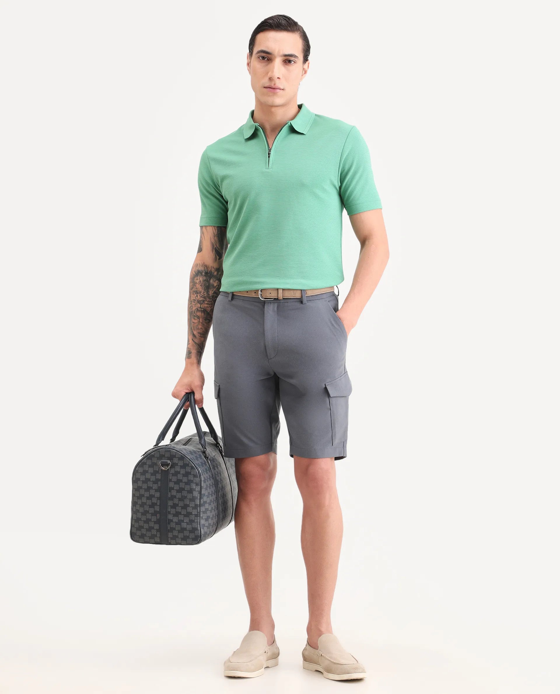 Rare Rabbit Men's Arp Dusky Green Cotton Blend Fabric Half Sleeve Spread Collar Regular Fit Plain Polo