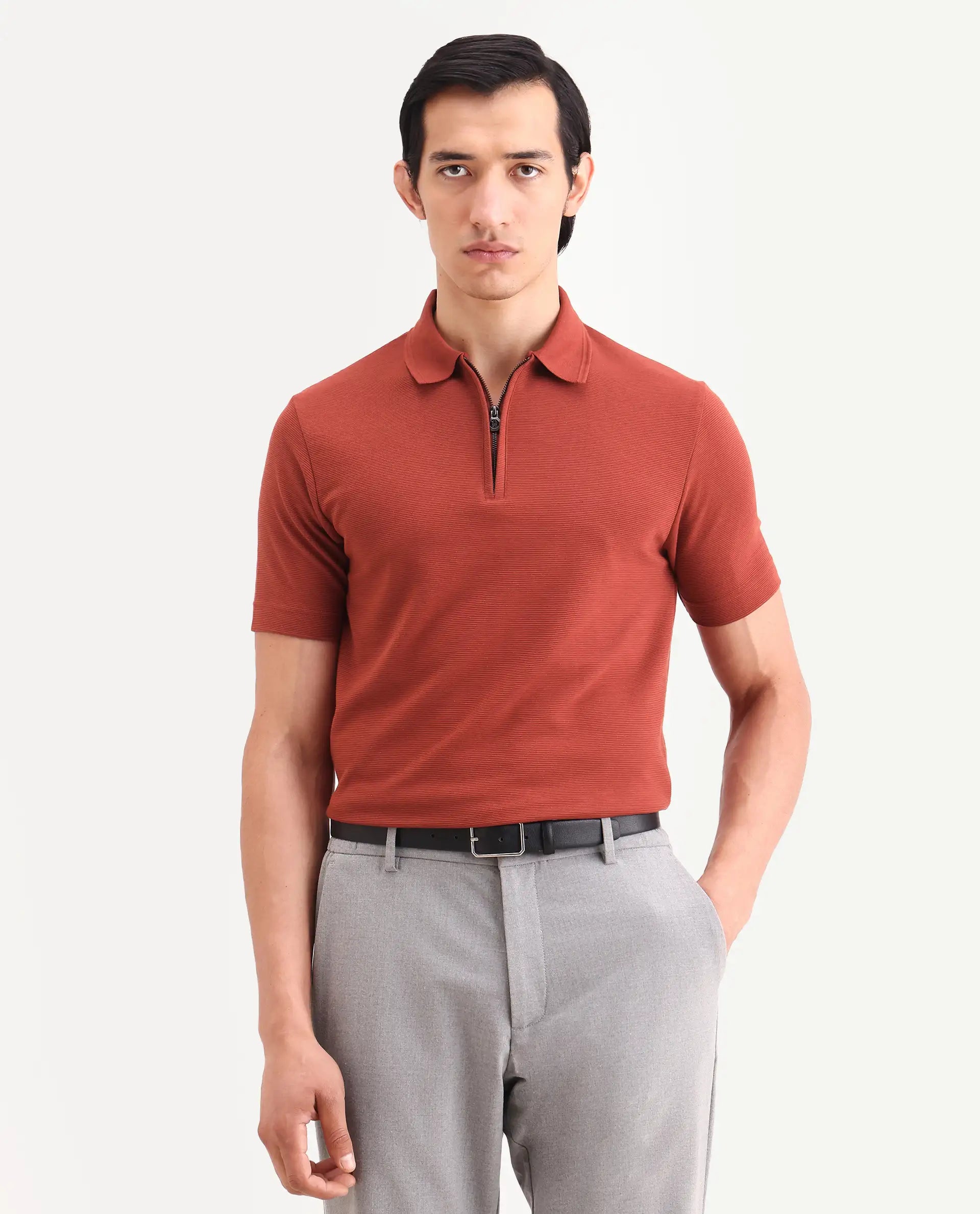 Rare Rabbit Men's Arp Rust Cotton Blend Fabric Half Sleeve Spread Collar Regular Fit Plain Polo