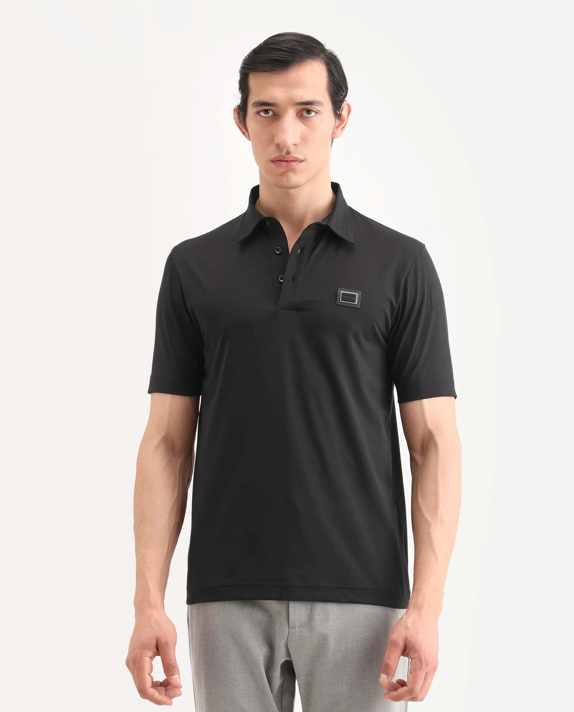 Rare Rabbit Men's Badger-S26 Black Cotton Blend Fabric Half Sleeve Spread Collar Regular Fit Plain Polo