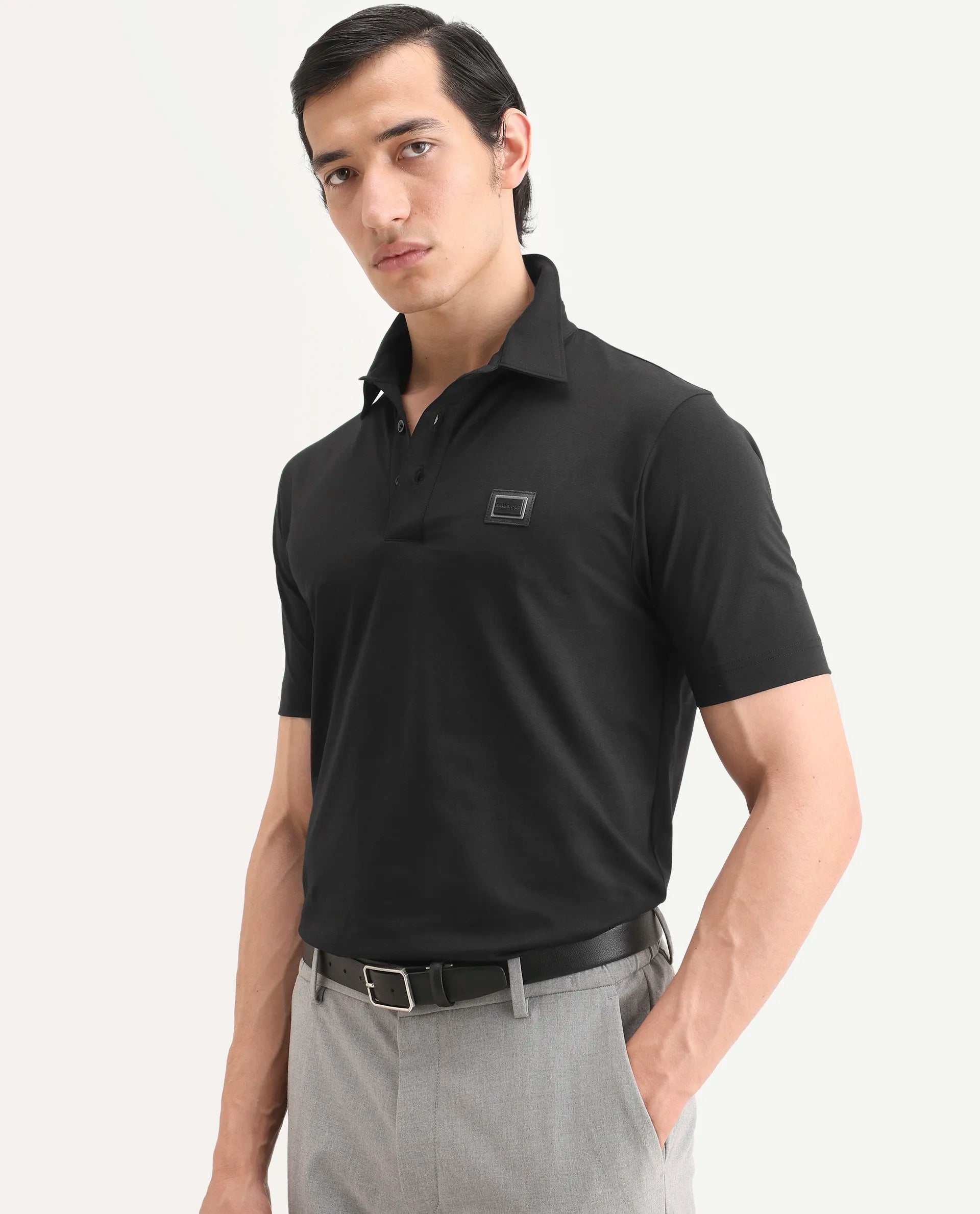 Rare Rabbit Men's Badger-S26 Black Cotton Blend Fabric Half Sleeve Spread Collar Regular Fit Plain Polo