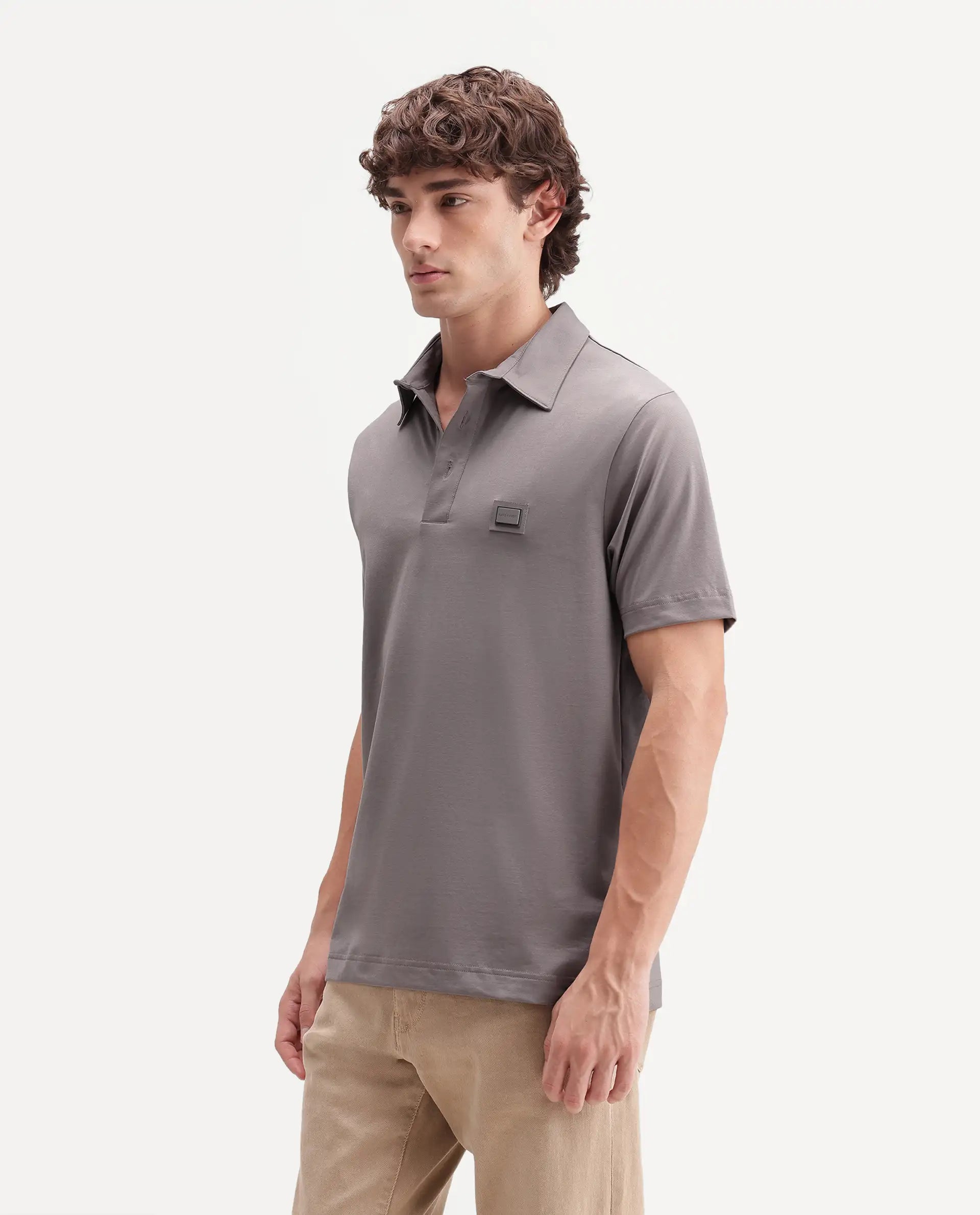 Rare Rabbit Men's Badger-S26 Dusky Purple Cotton Blend Fabric Half Sleeve Spread Collar Regular Fit Plain Polo