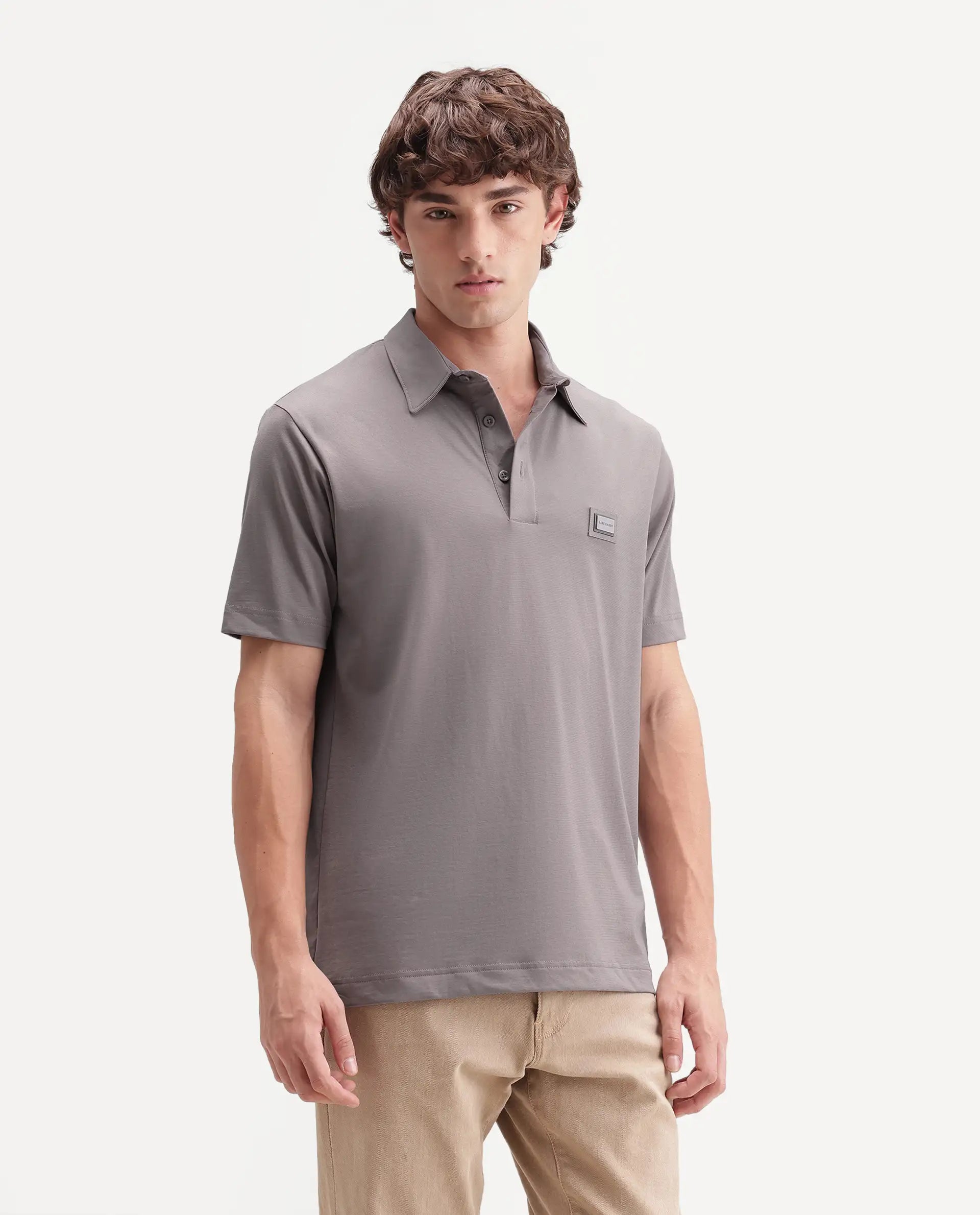 Rare Rabbit Men's Badger-S26 Dusky Purple Cotton Blend Fabric Half Sleeve Spread Collar Regular Fit Plain Polo
