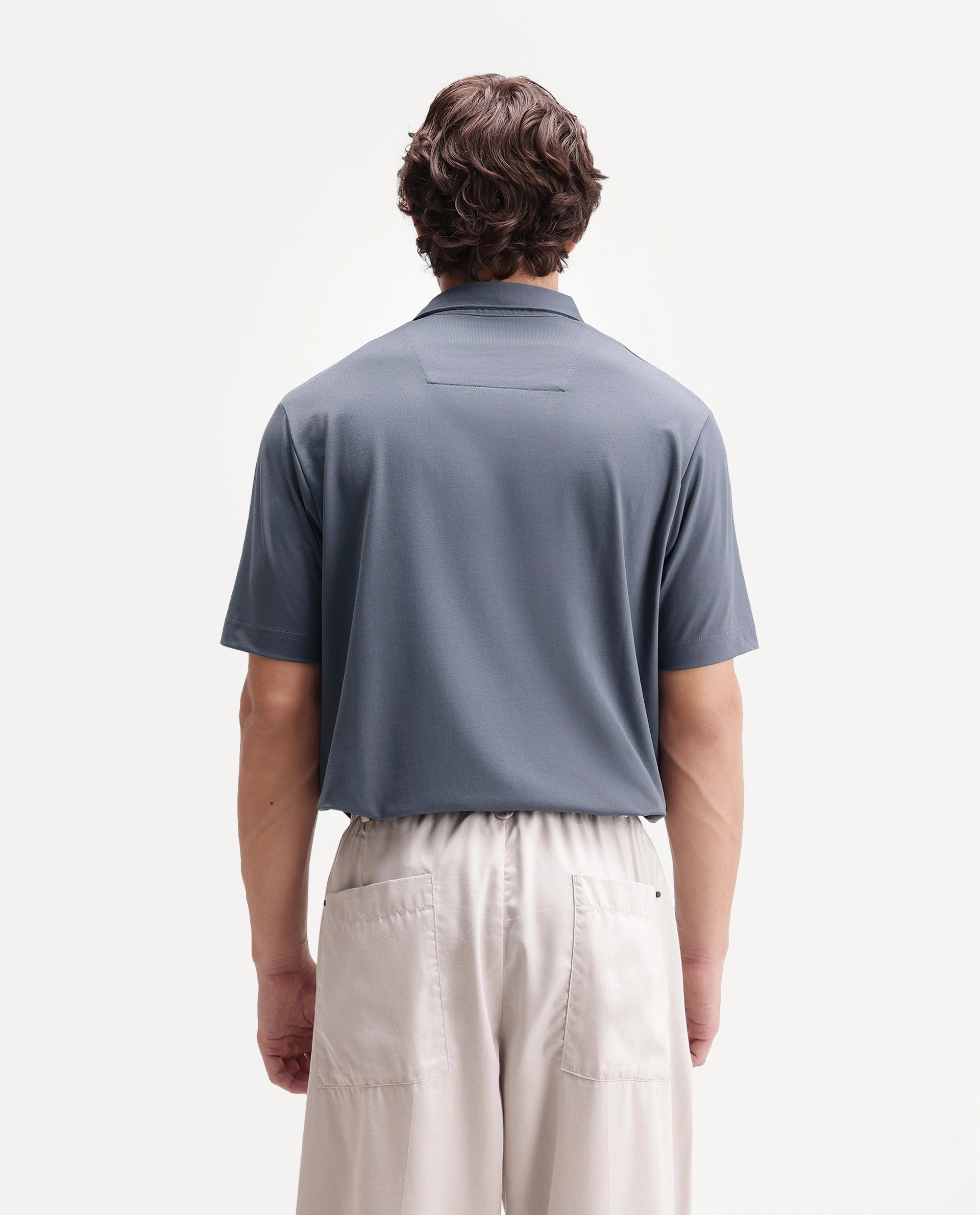 Rare Rabbit Men's Badger-S26 Dusky Blue Cotton Blend Fabric Half Sleeve Spread Collar Regular Fit Plain Polo