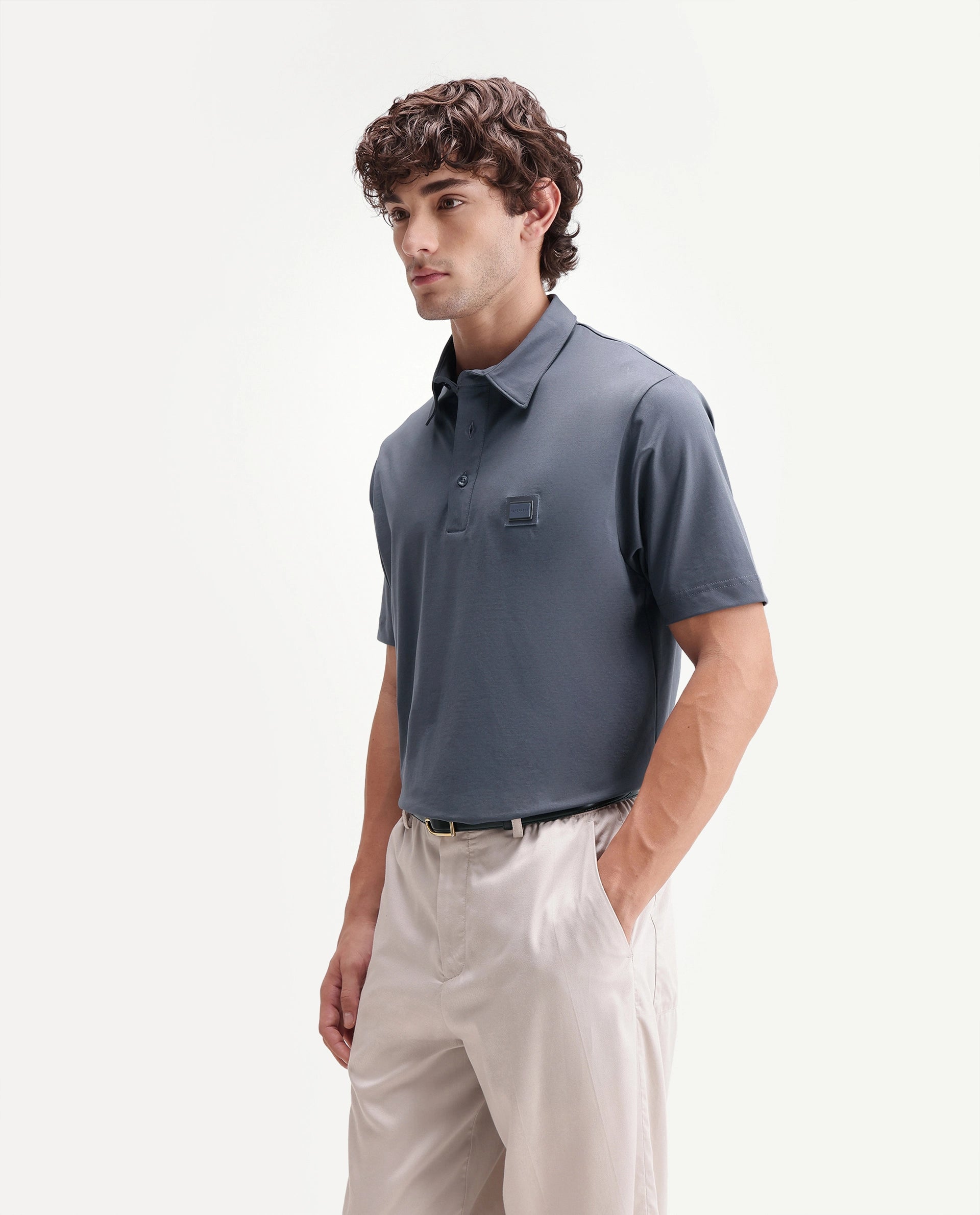 Rare Rabbit Men's Badger-S26 Dusky Blue Cotton Blend Fabric Half Sleeve Spread Collar Regular Fit Plain Polo