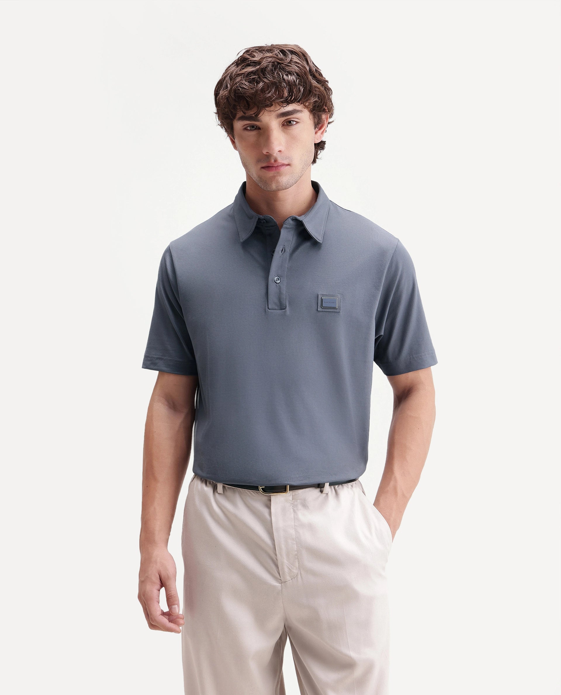 Rare Rabbit Men's Badger-S26 Dusky Blue Cotton Blend Fabric Half Sleeve Spread Collar Regular Fit Plain Polo