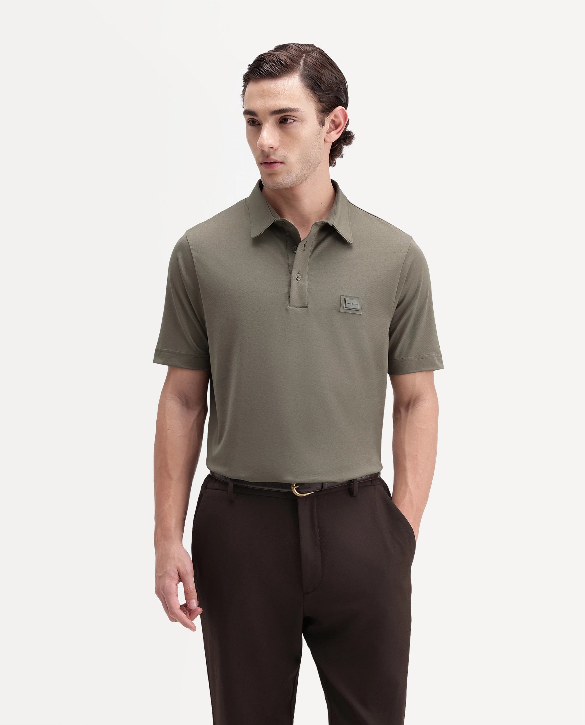 Rare Rabbit Men's Badger-S26 Dusky Olive Cotton Blend Fabric Half Sleeve Spread Collar Regular Fit Plain Polo
