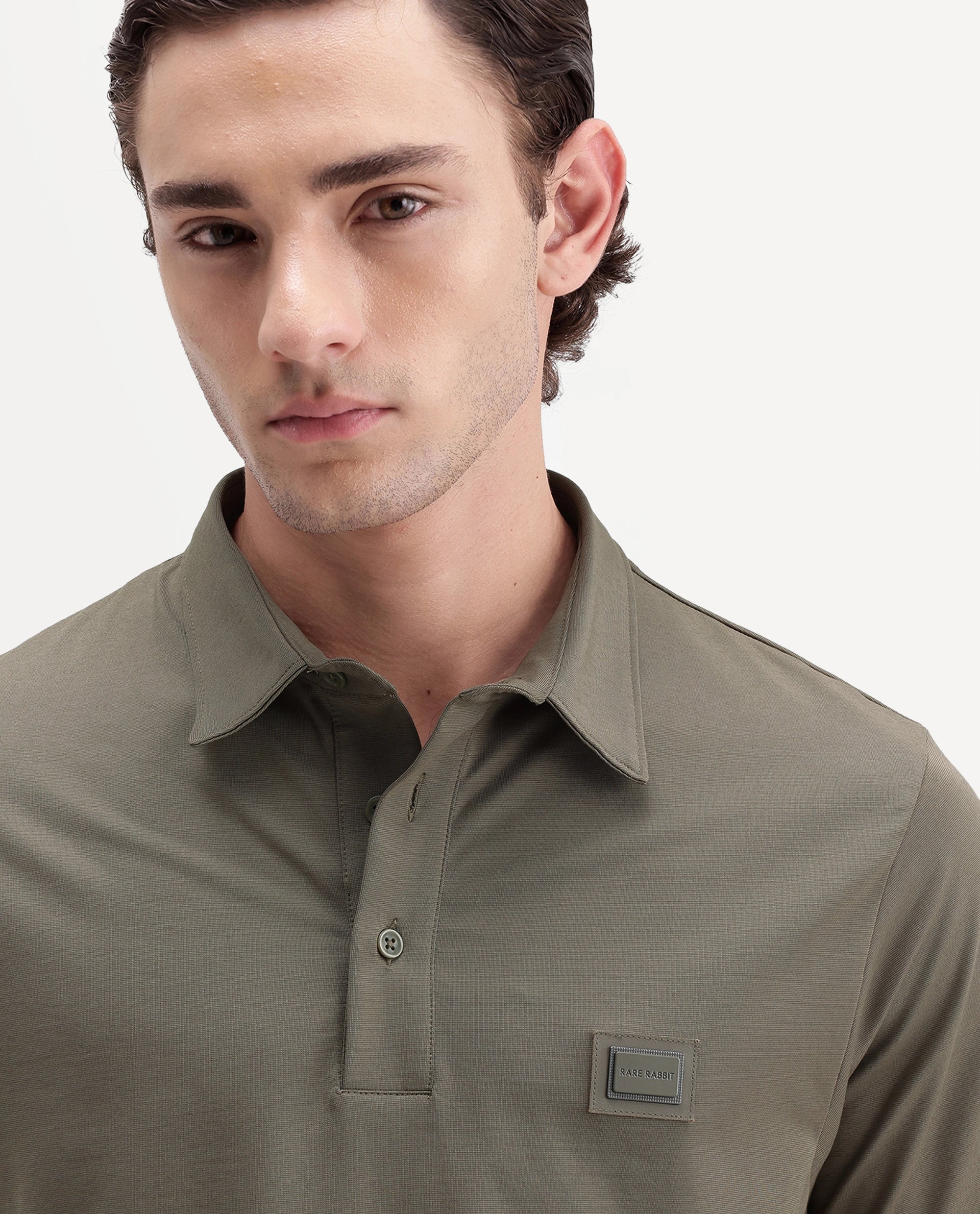 Rare Rabbit Men's Badger-S26 Dusky Olive Cotton Blend Fabric Half Sleeve Spread Collar Regular Fit Plain Polo