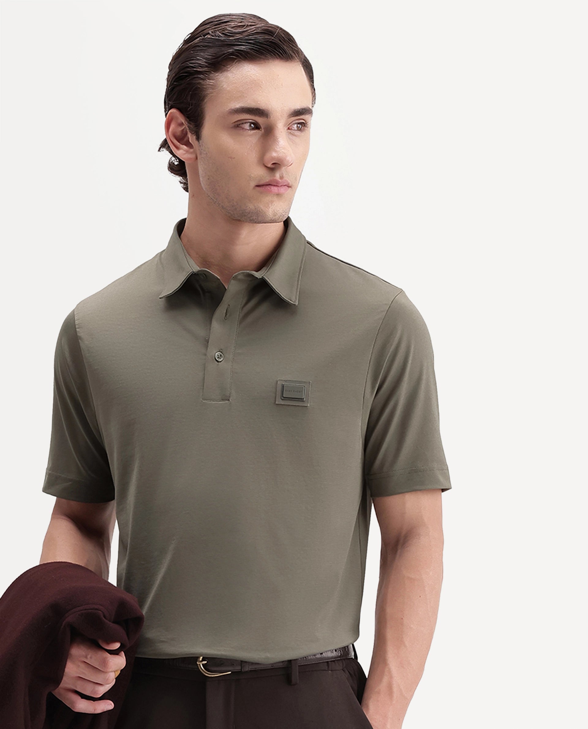 Rare Rabbit Men's Badger-S26 Dusky Olive Cotton Blend Fabric Half Sleeve Spread Collar Regular Fit Plain Polo