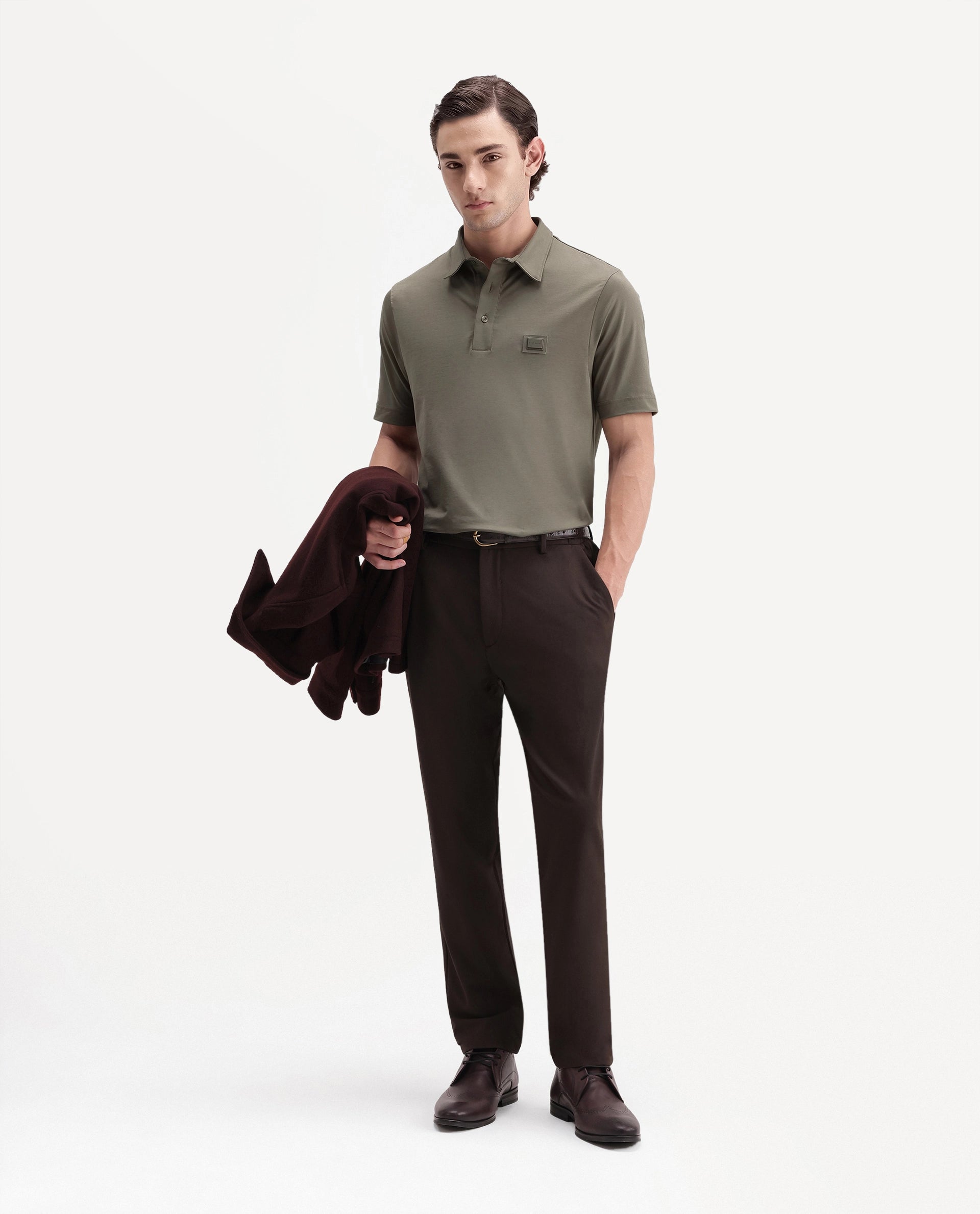 Rare Rabbit Men's Badger-S26 Dusky Olive Cotton Blend Fabric Half Sleeve Spread Collar Regular Fit Plain Polo