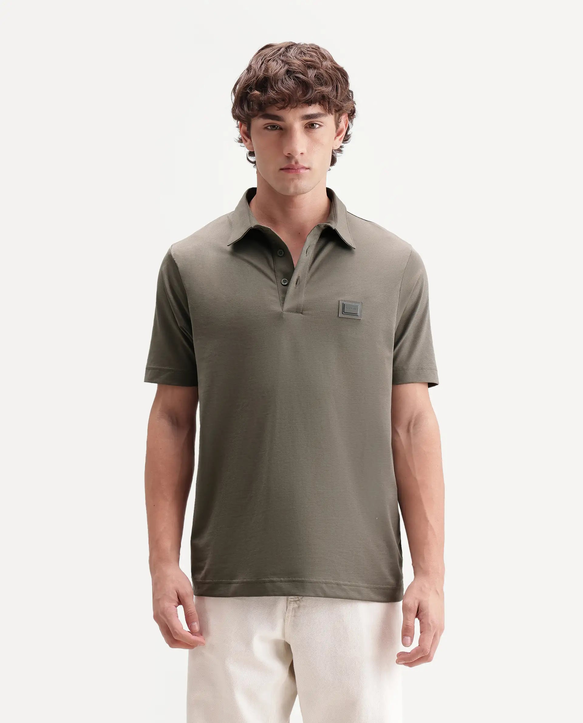 Rare Rabbit Men's Badger-S26 Dusky Olive Cotton Blend Fabric Half Sleeve Spread Collar Regular Fit Plain Polo
