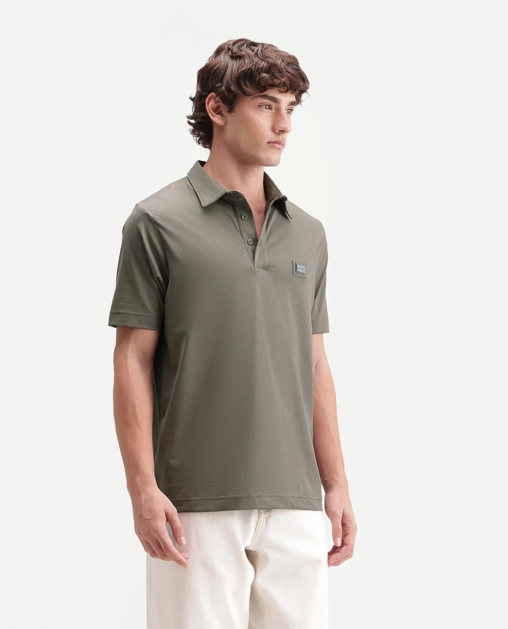 Rare Rabbit Men's Badger-S26 Dusky Olive Cotton Blend Fabric Half Sleeve Spread Collar Regular Fit Plain Polo