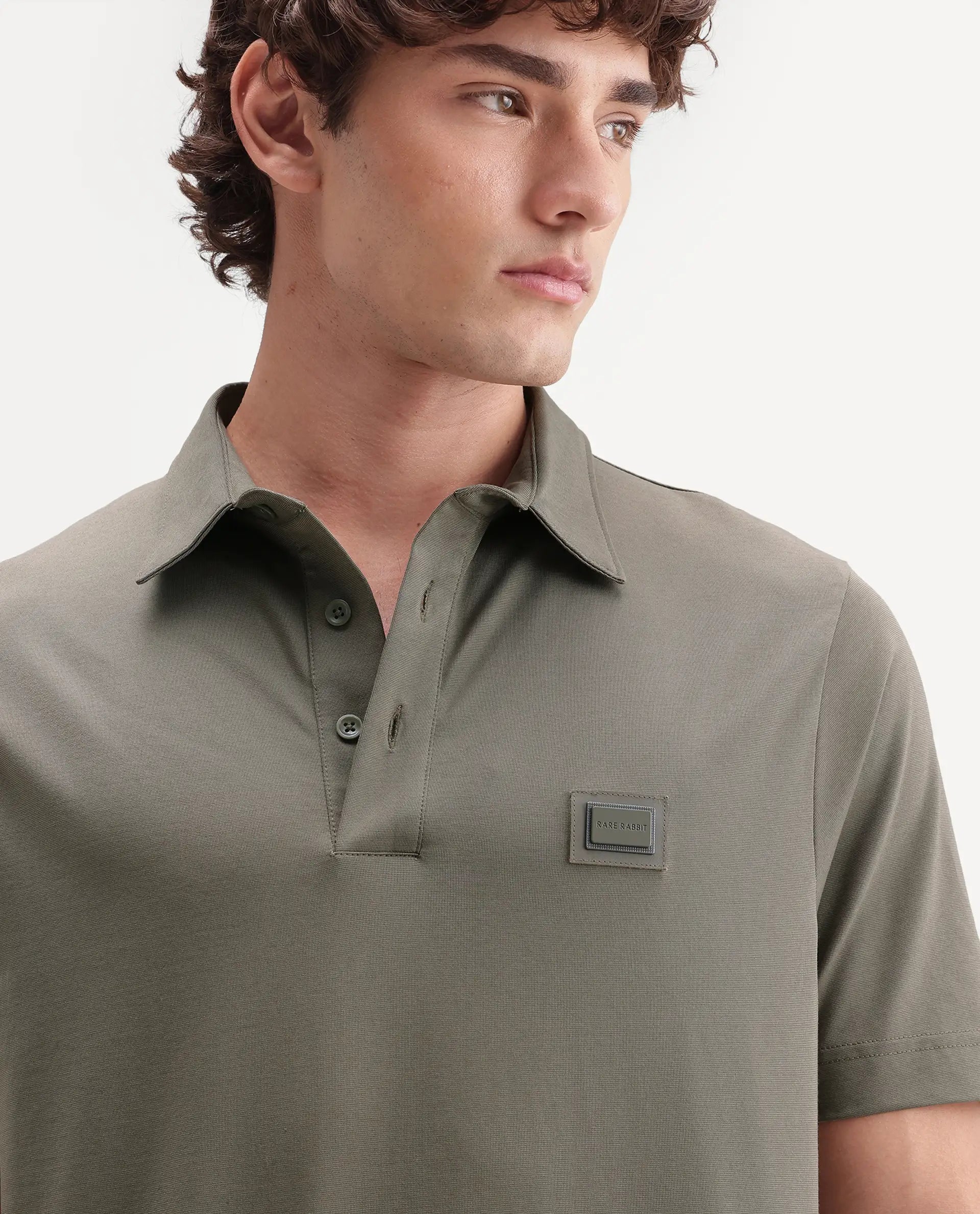 Rare Rabbit Men's Badger-S26 Dusky Olive Cotton Blend Fabric Half Sleeve Spread Collar Regular Fit Plain Polo