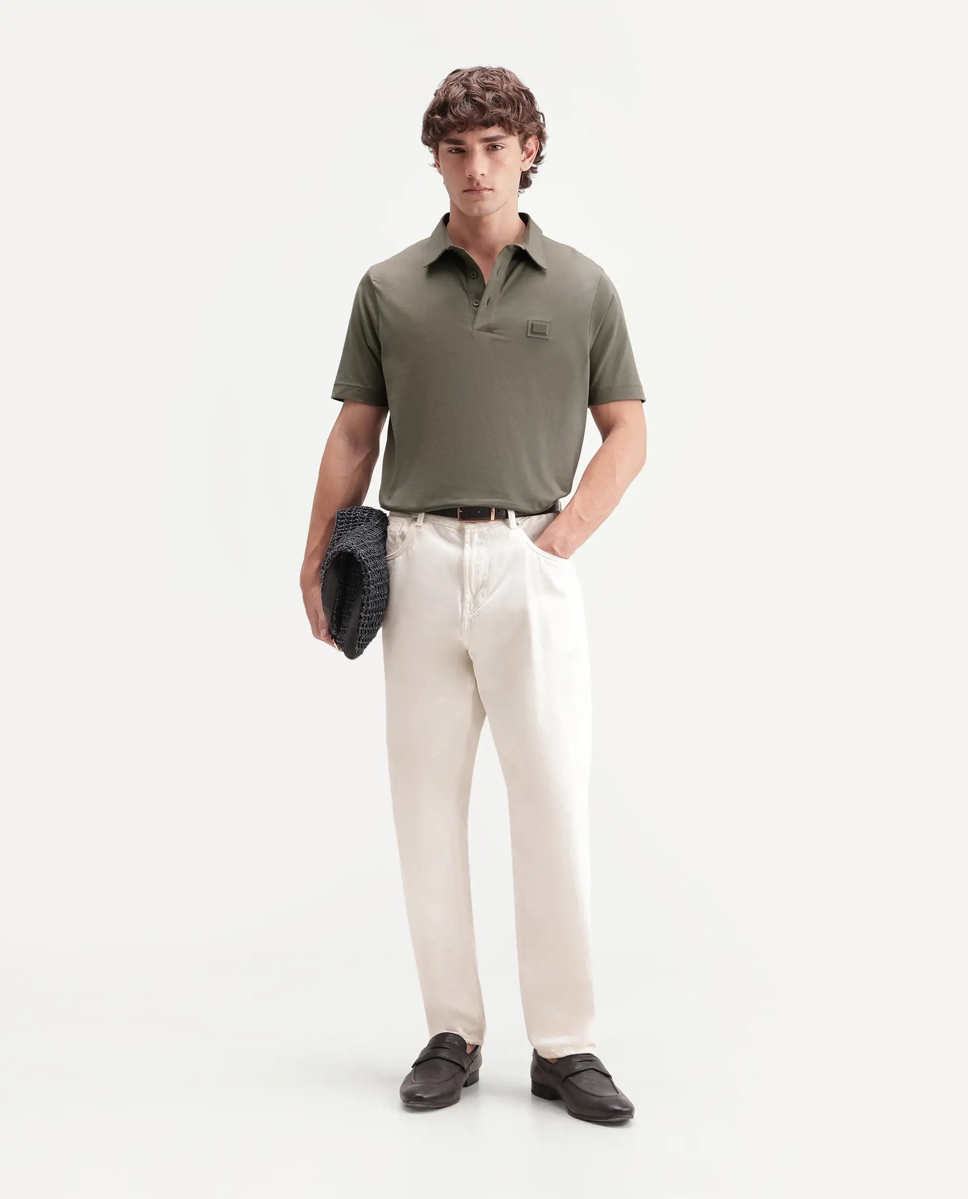 Rare Rabbit Men's Badger-S26 Dusky Olive Cotton Blend Fabric Half Sleeve Spread Collar Regular Fit Plain Polo