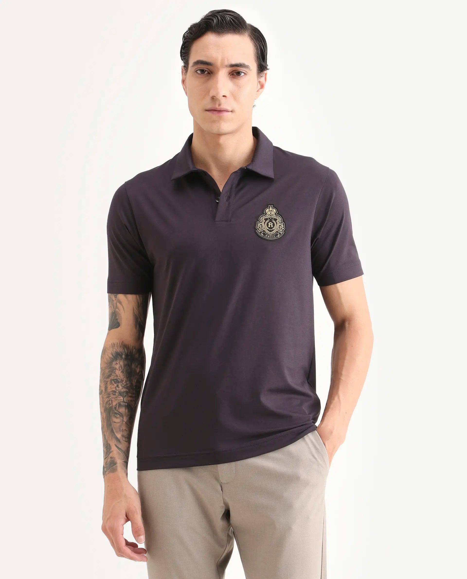 Rare Rabbit Men's Bage Flouroscent Purple Cotton Blend Fabric Half Sleeve Spread Collar Regular Fit Plain Polo