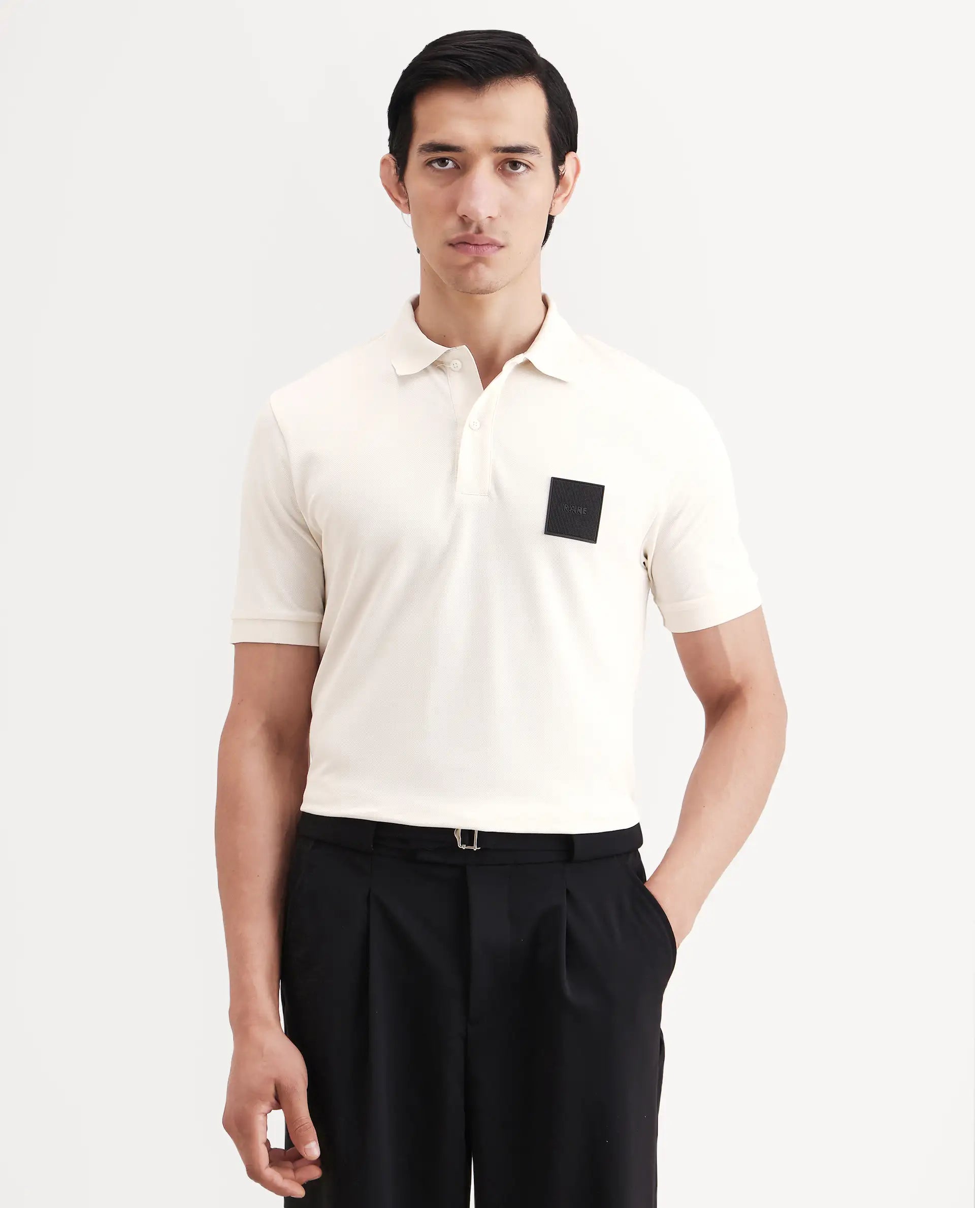 Rare Rabbit Men's Boro Off White Cotton Blend Fabric Half Sleeve Spread Collar Regular Fit Plain Polo