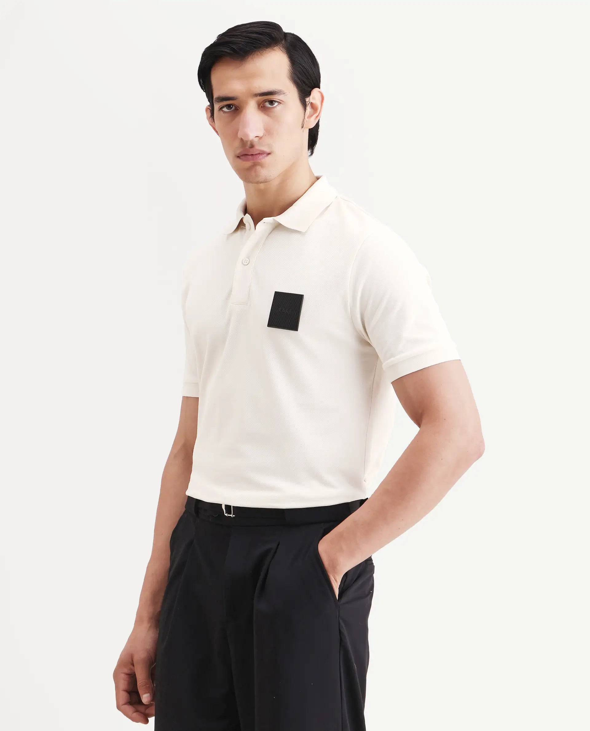Rare Rabbit Men's Boro Off White Cotton Blend Fabric Half Sleeve Spread Collar Regular Fit Plain Polo