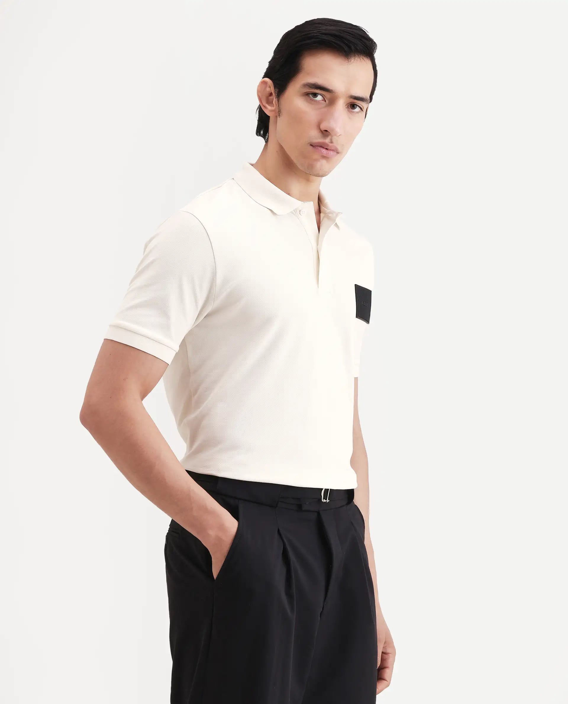 Rare Rabbit Men's Boro Off White Cotton Blend Fabric Half Sleeve Spread Collar Regular Fit Plain Polo