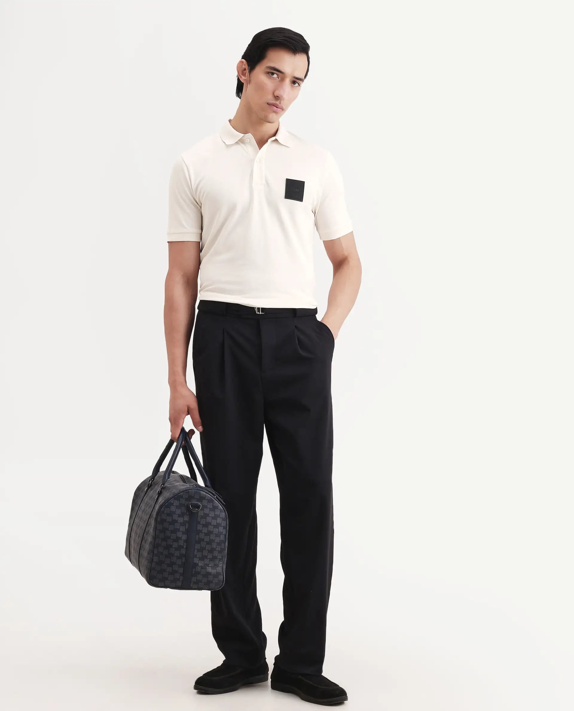 Rare Rabbit Men's Boro Off White Cotton Blend Fabric Half Sleeve Spread Collar Regular Fit Plain Polo