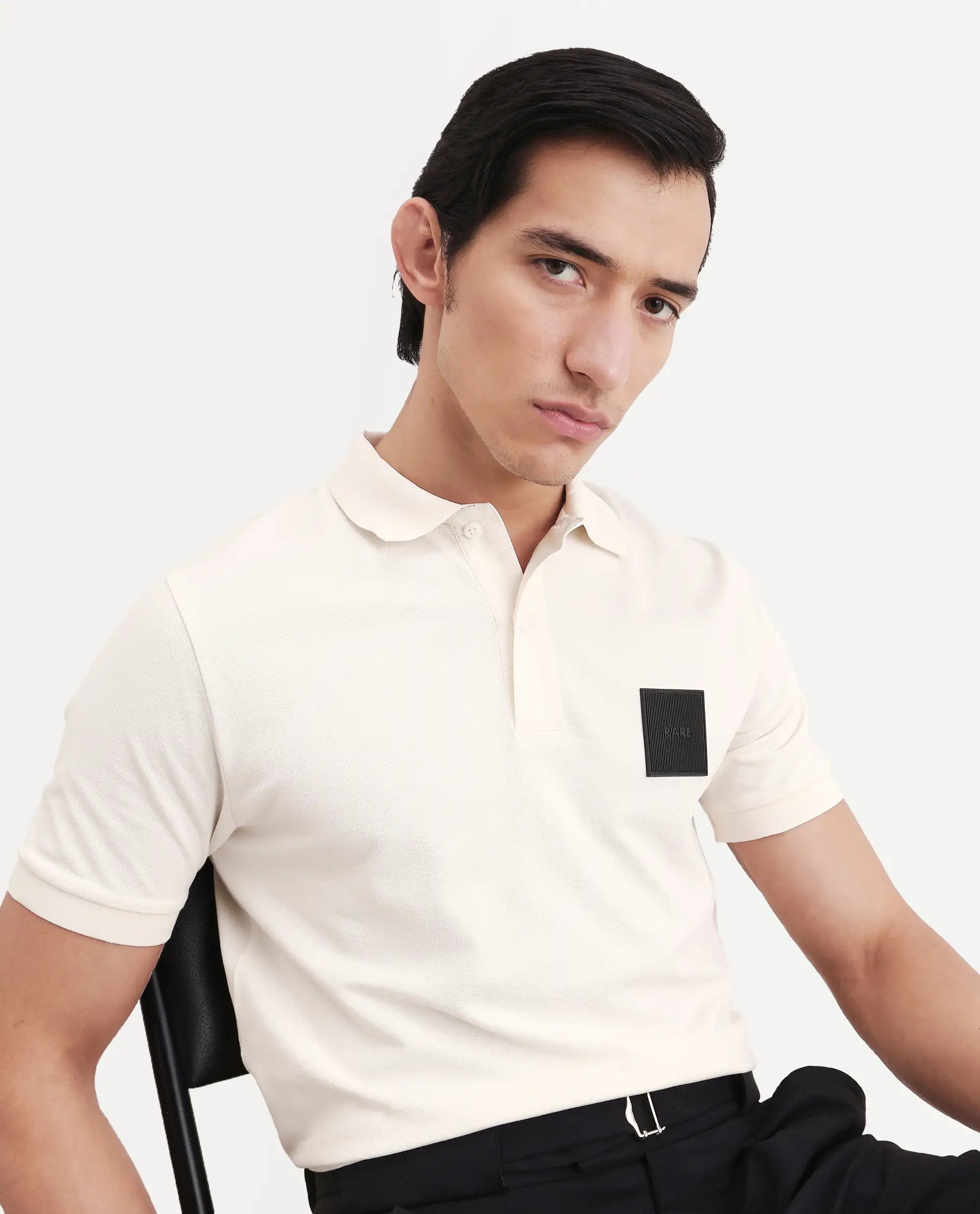 Rare Rabbit Men's Boro Off White Cotton Blend Fabric Half Sleeve Spread Collar Regular Fit Plain Polo