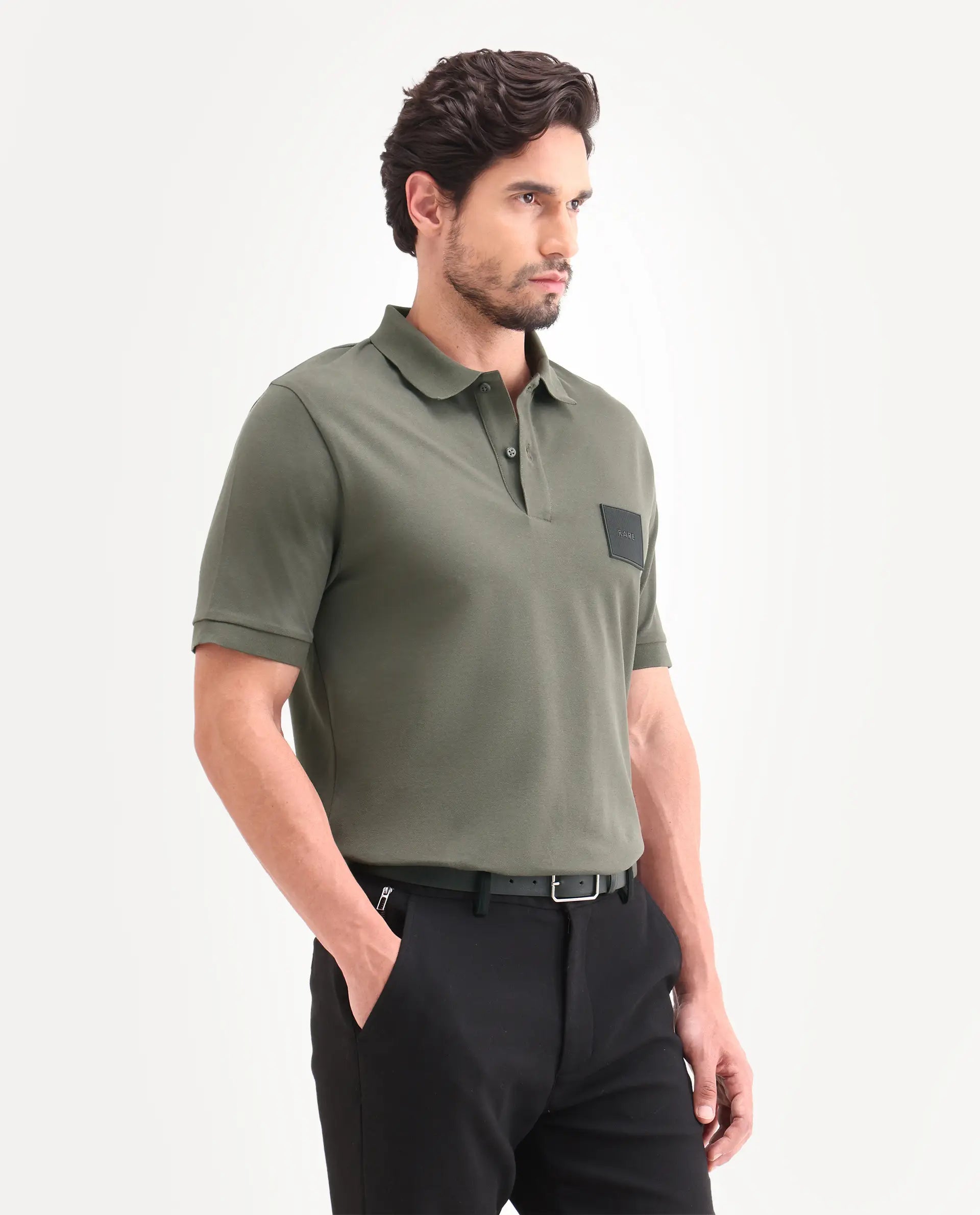 Rare Rabbit Men's Boro Dusky Olive Cotton Blend Fabric Half Sleeve Spread Collar Regular Fit Plain Polo
