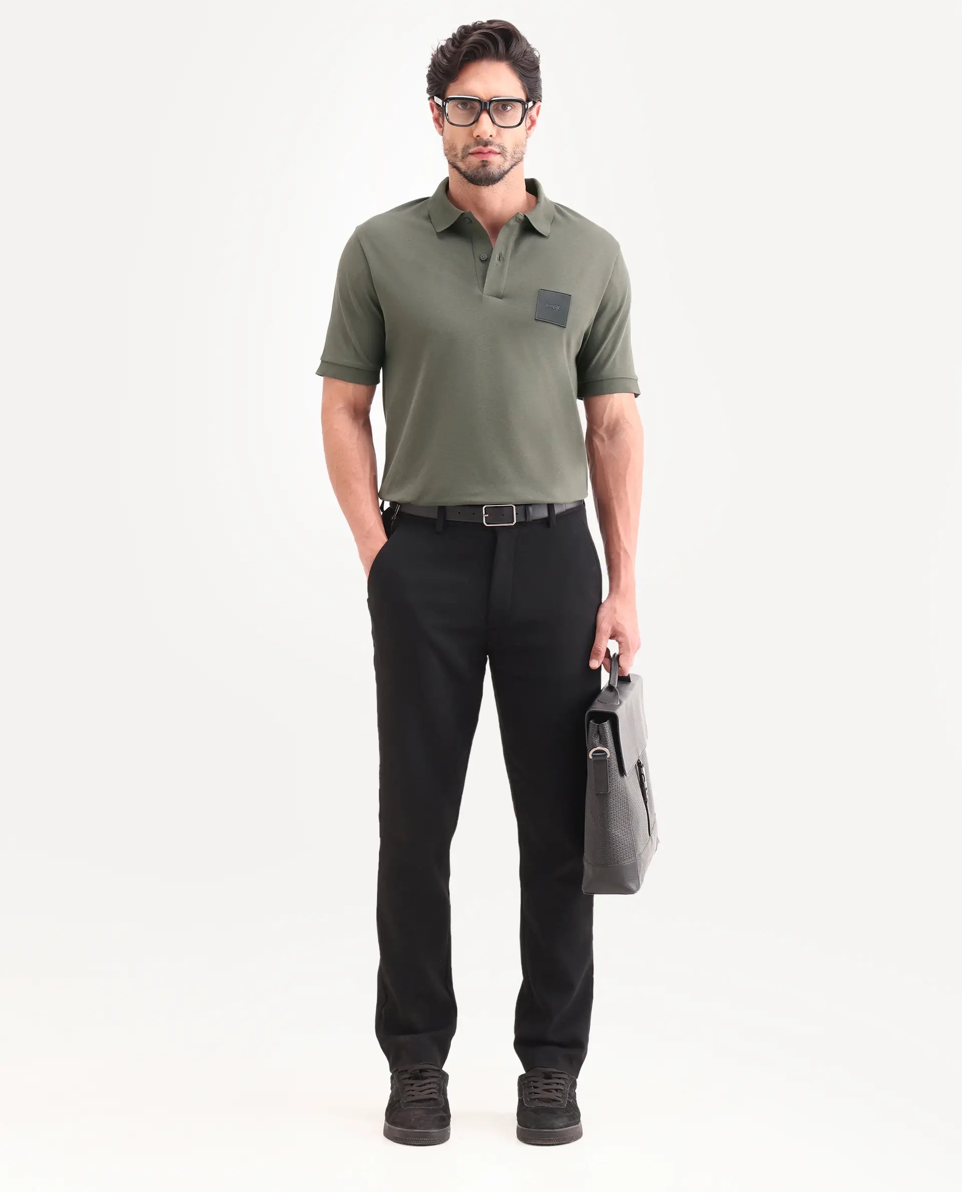 Rare Rabbit Men's Boro Dusky Olive Cotton Blend Fabric Half Sleeve Spread Collar Regular Fit Plain Polo