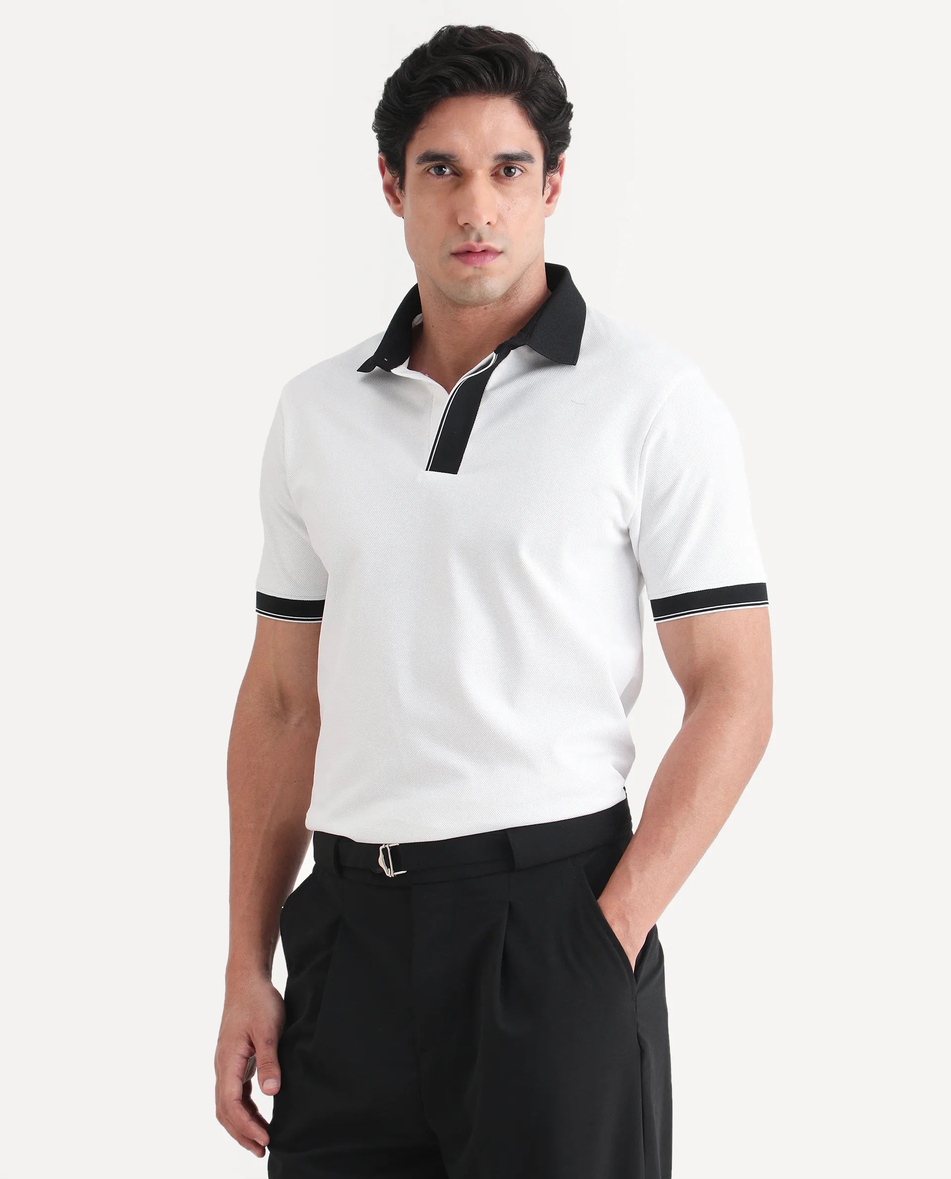 Rare Rabbit Men's Chob White Cotton Blend Fabric Half Sleeve Spread Collar Regular Fit Plain Polo