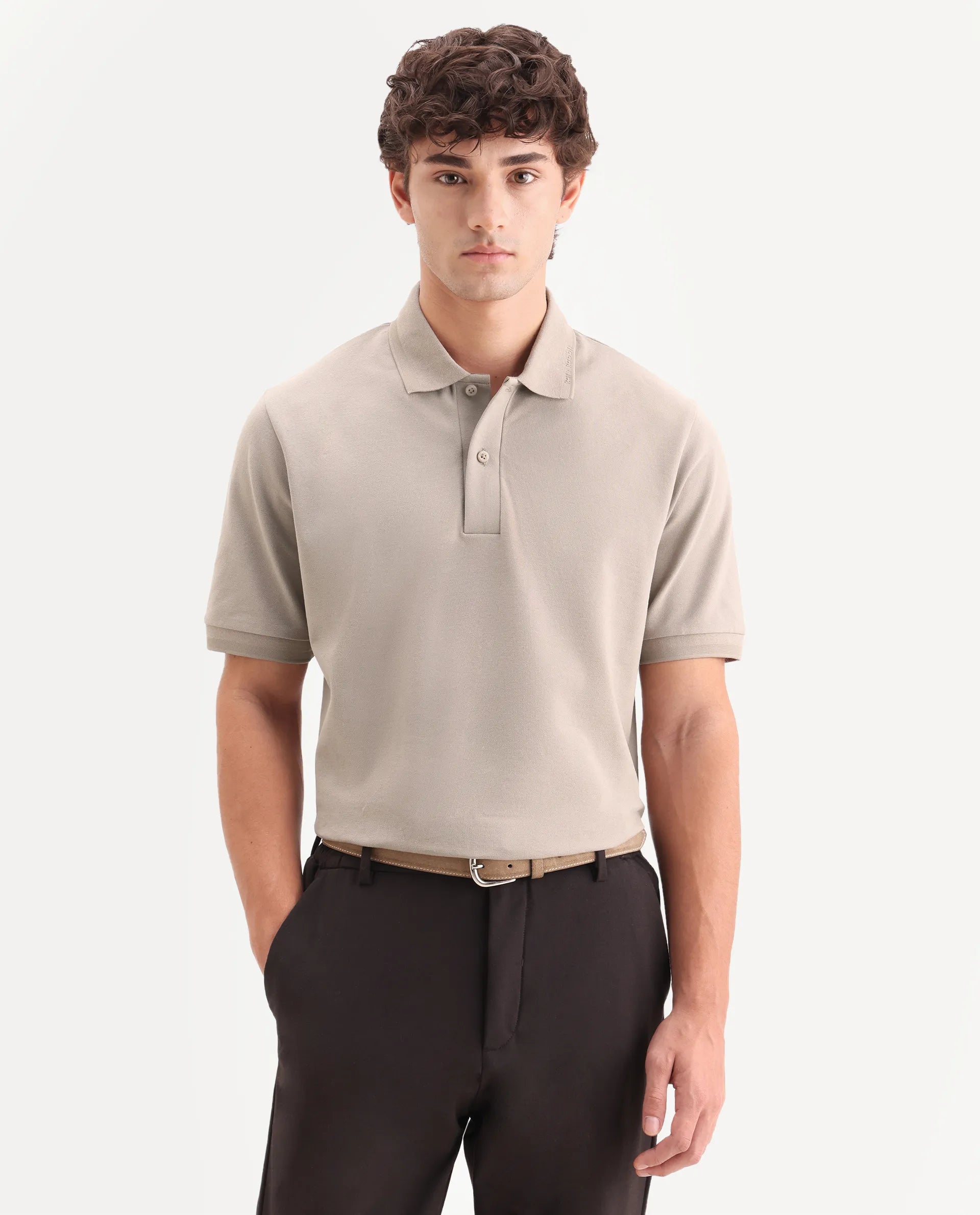 Rare Rabbit Men's Clak Beige Cotton Blend Fabric Half Sleeve Spread Collar Regular Fit Plain Polo
