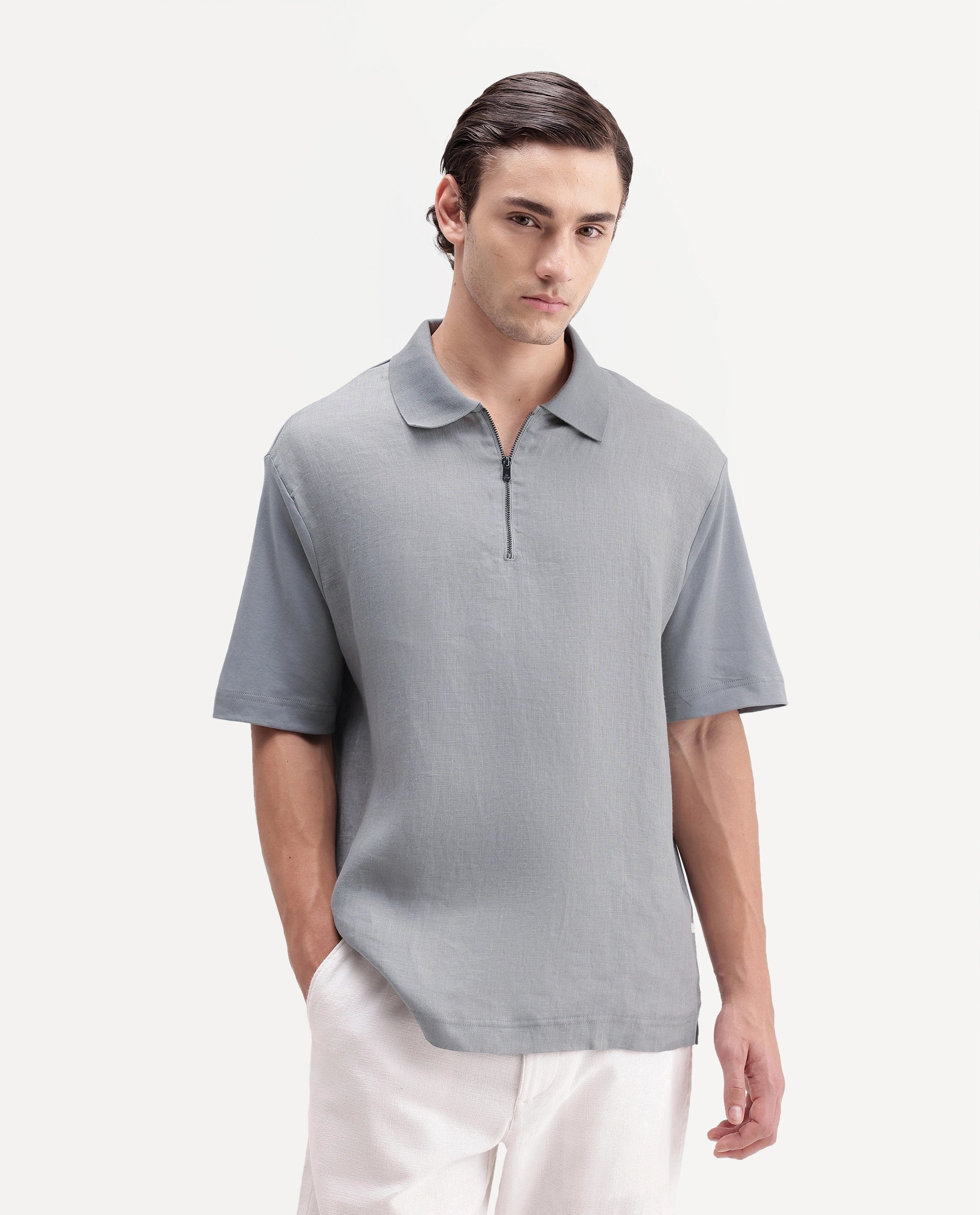 Rare Rabbit Men's Cosma-S26 Light Grey Linen Blend Fabric Half Sleeve Spread Collar Regular Fit Plain Polo