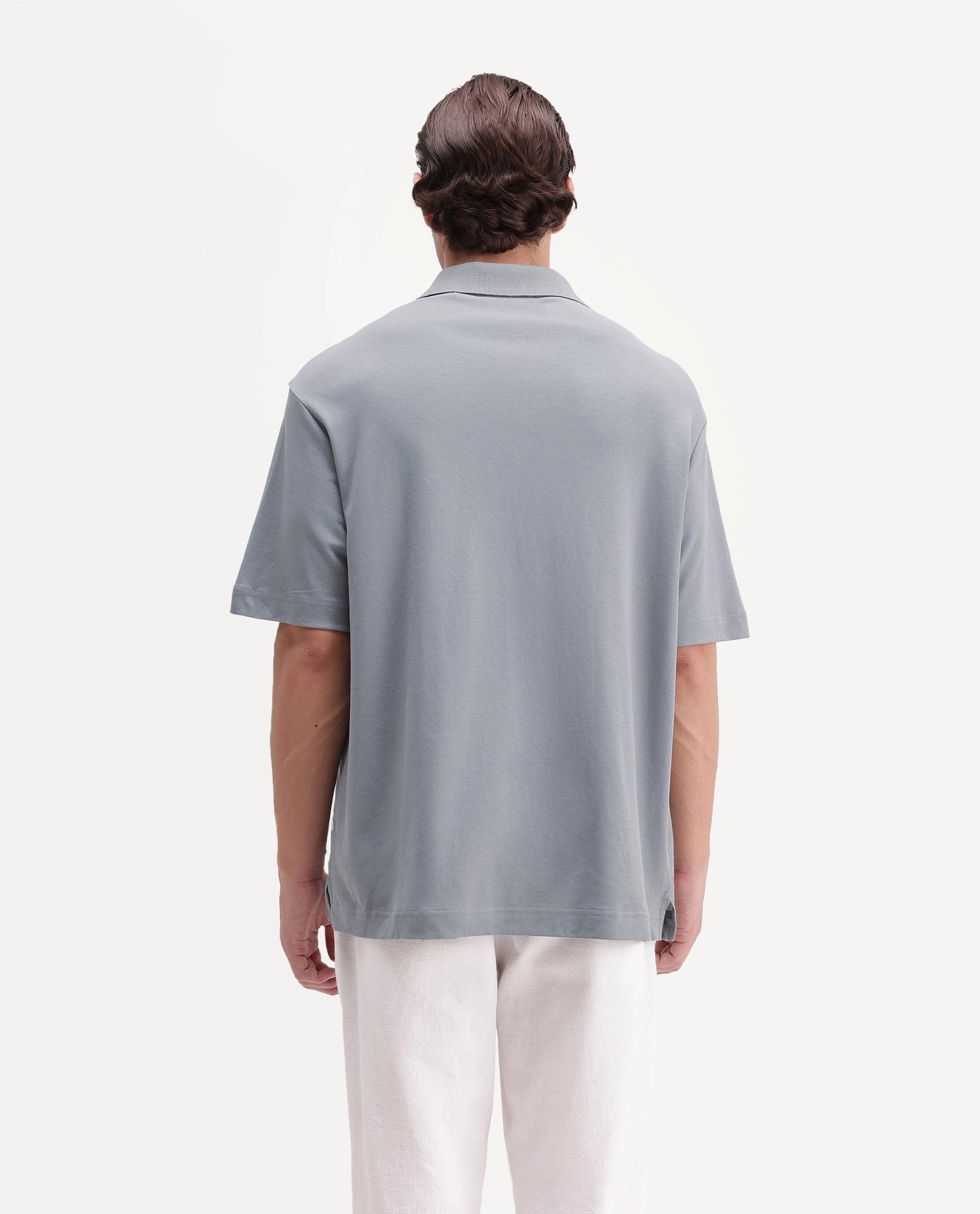 Rare Rabbit Men's Cosma-S26 Light Grey Linen Blend Fabric Half Sleeve Spread Collar Regular Fit Plain Polo