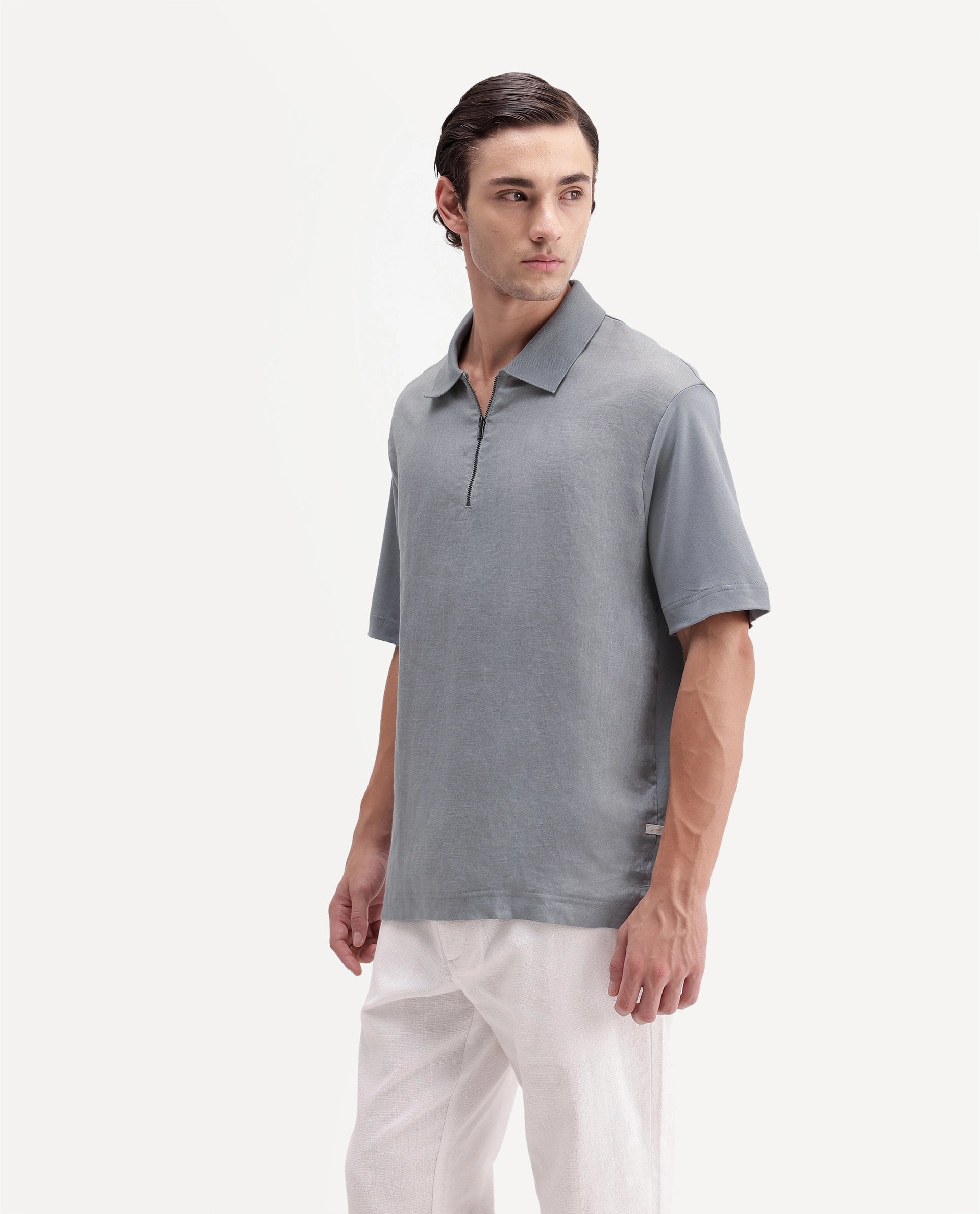 Rare Rabbit Men's Cosma-S26 Light Grey Linen Blend Fabric Half Sleeve Spread Collar Regular Fit Plain Polo
