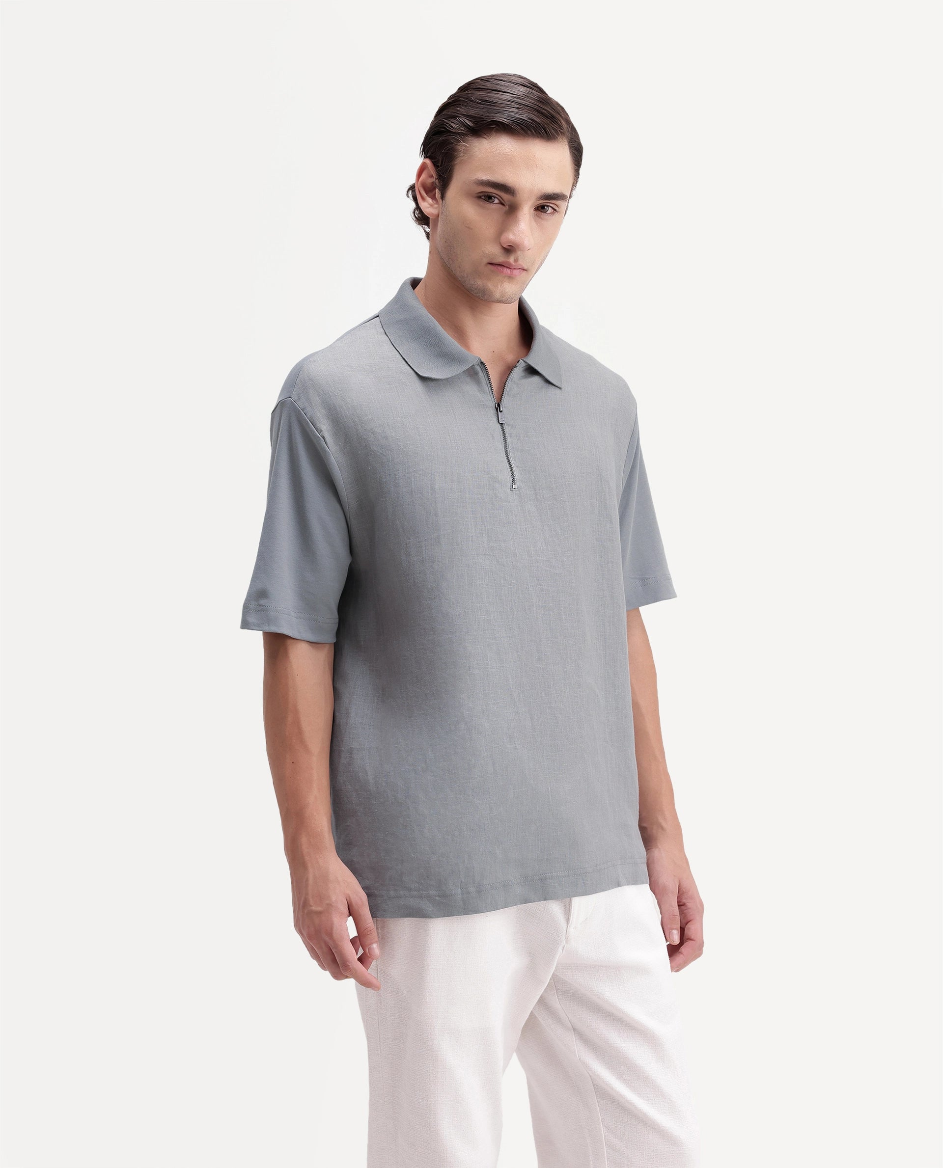 Rare Rabbit Men's Cosma-S26 Light Grey Linen Blend Fabric Half Sleeve Spread Collar Regular Fit Plain Polo