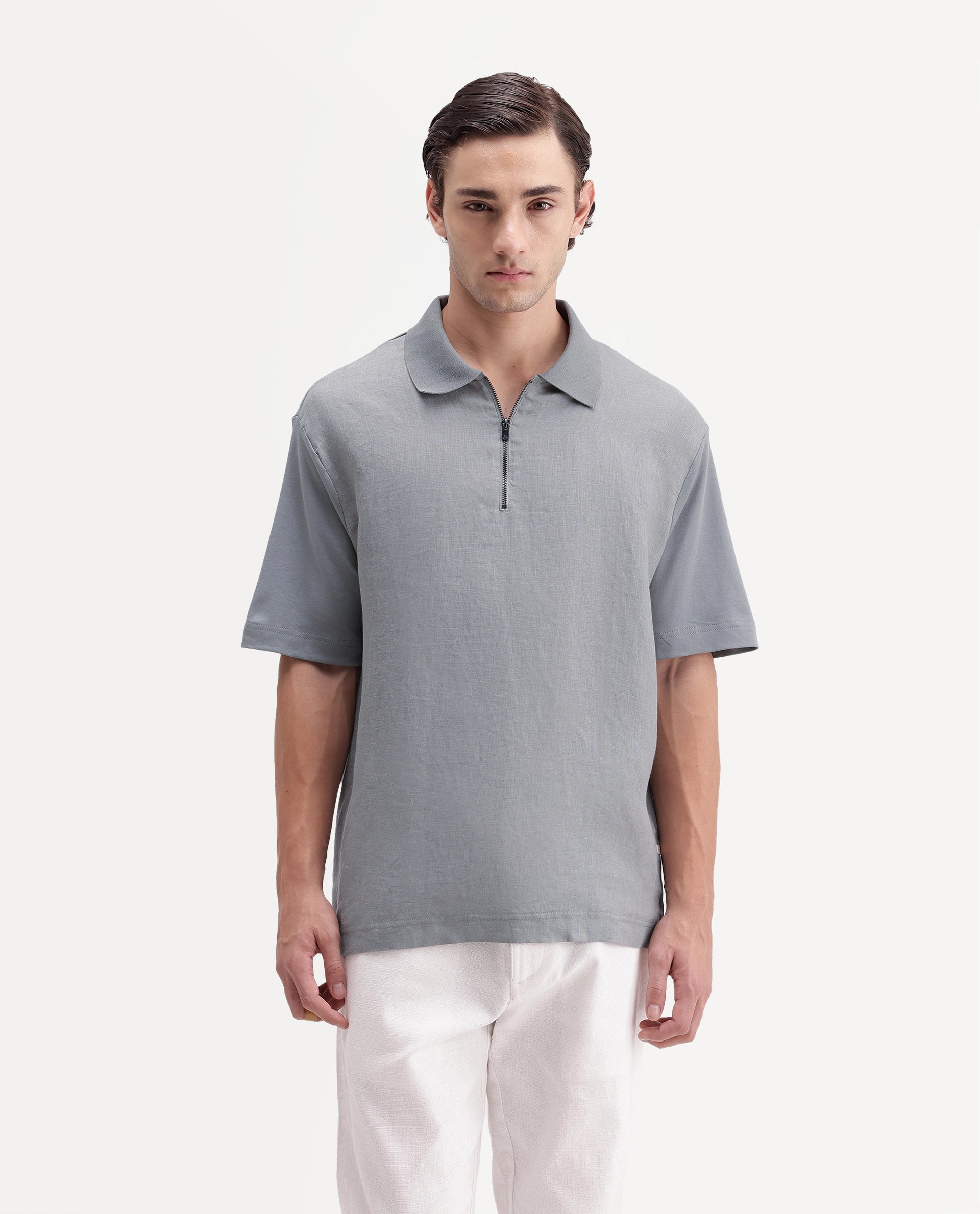 Rare Rabbit Men's Cosma-S26 Light Grey Linen Blend Fabric Half Sleeve Spread Collar Regular Fit Plain Polo