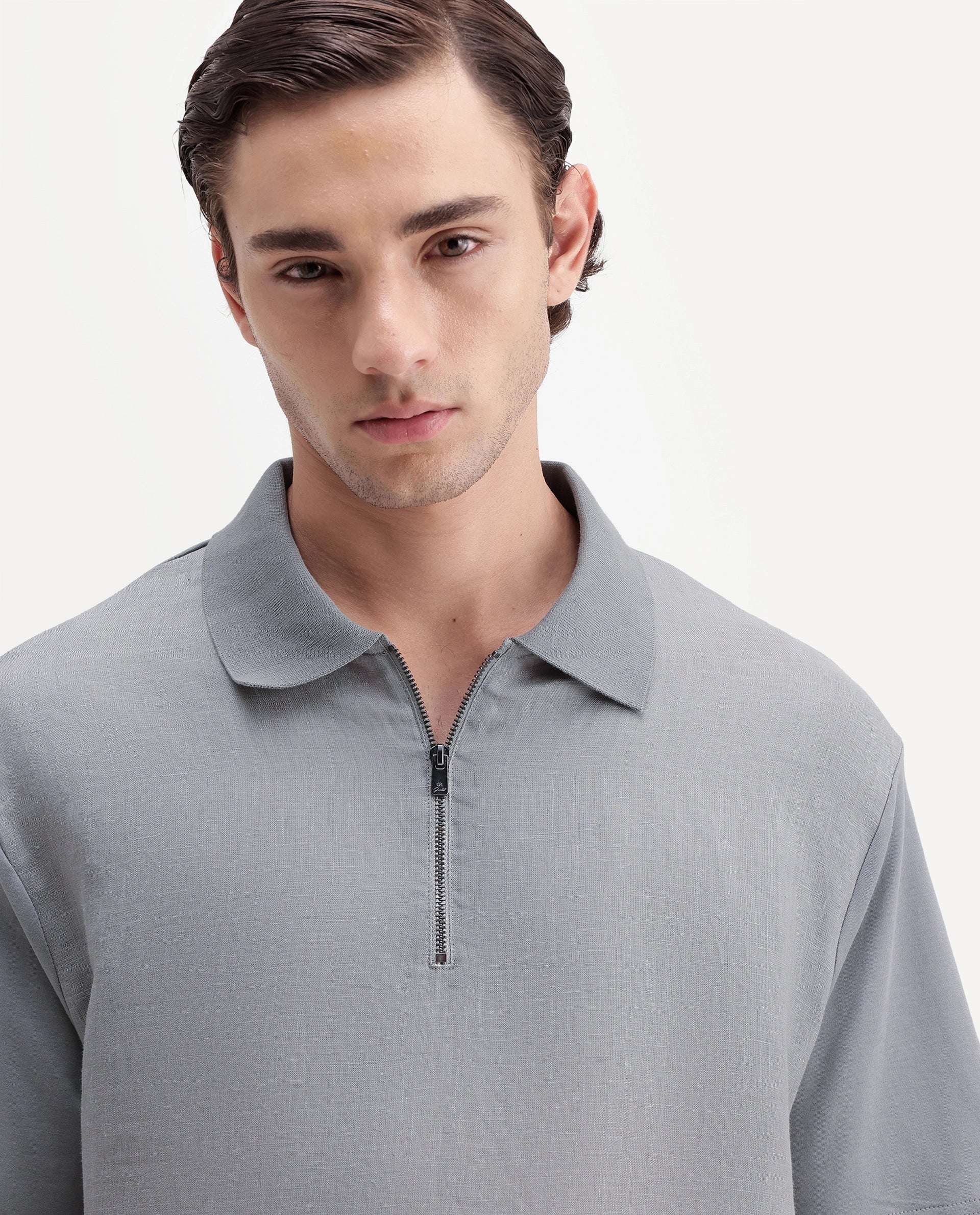 Rare Rabbit Men's Cosma-S26 Light Grey Linen Blend Fabric Half Sleeve Spread Collar Regular Fit Plain Polo