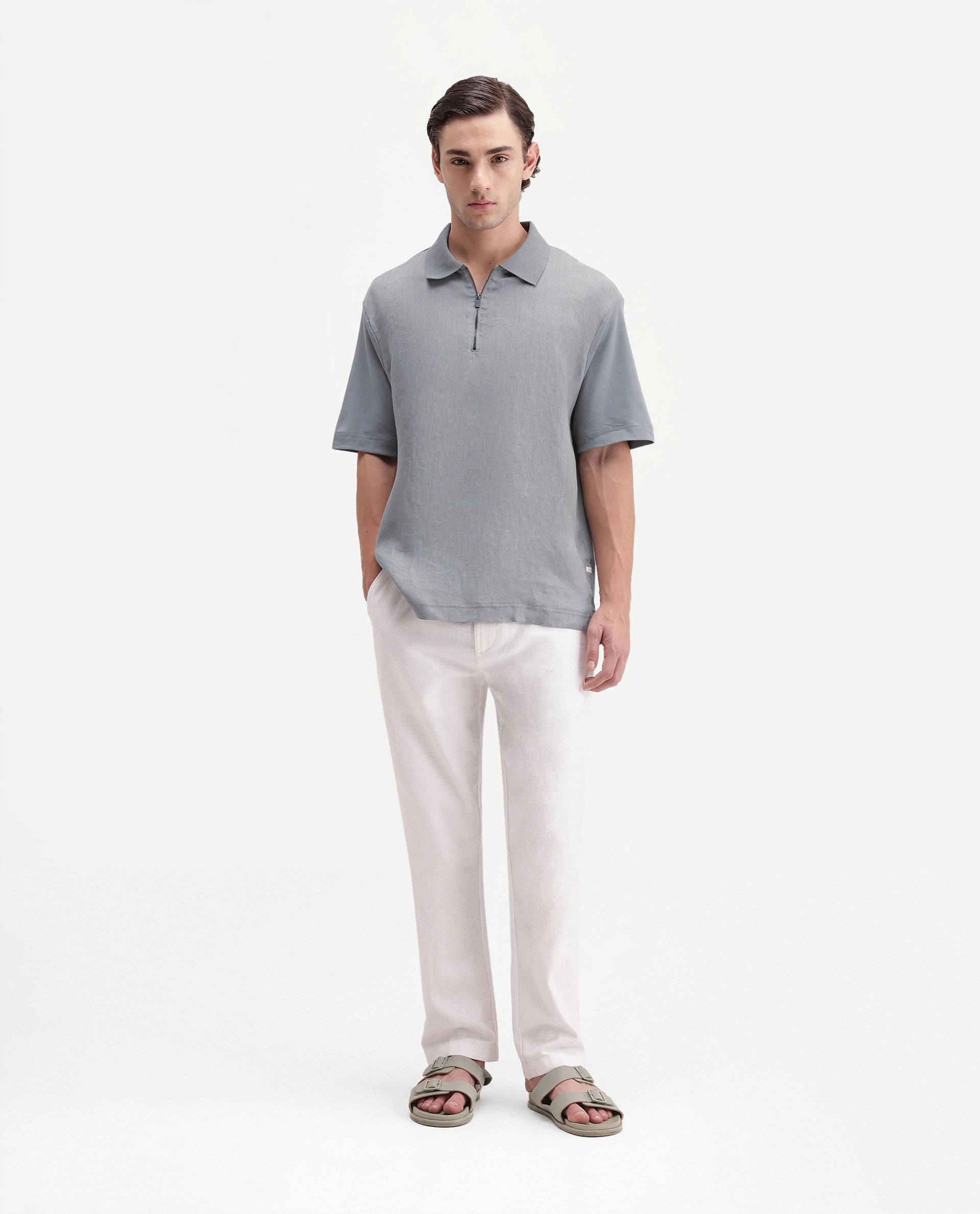Rare Rabbit Men's Cosma-S26 Light Grey Linen Blend Fabric Half Sleeve Spread Collar Regular Fit Plain Polo