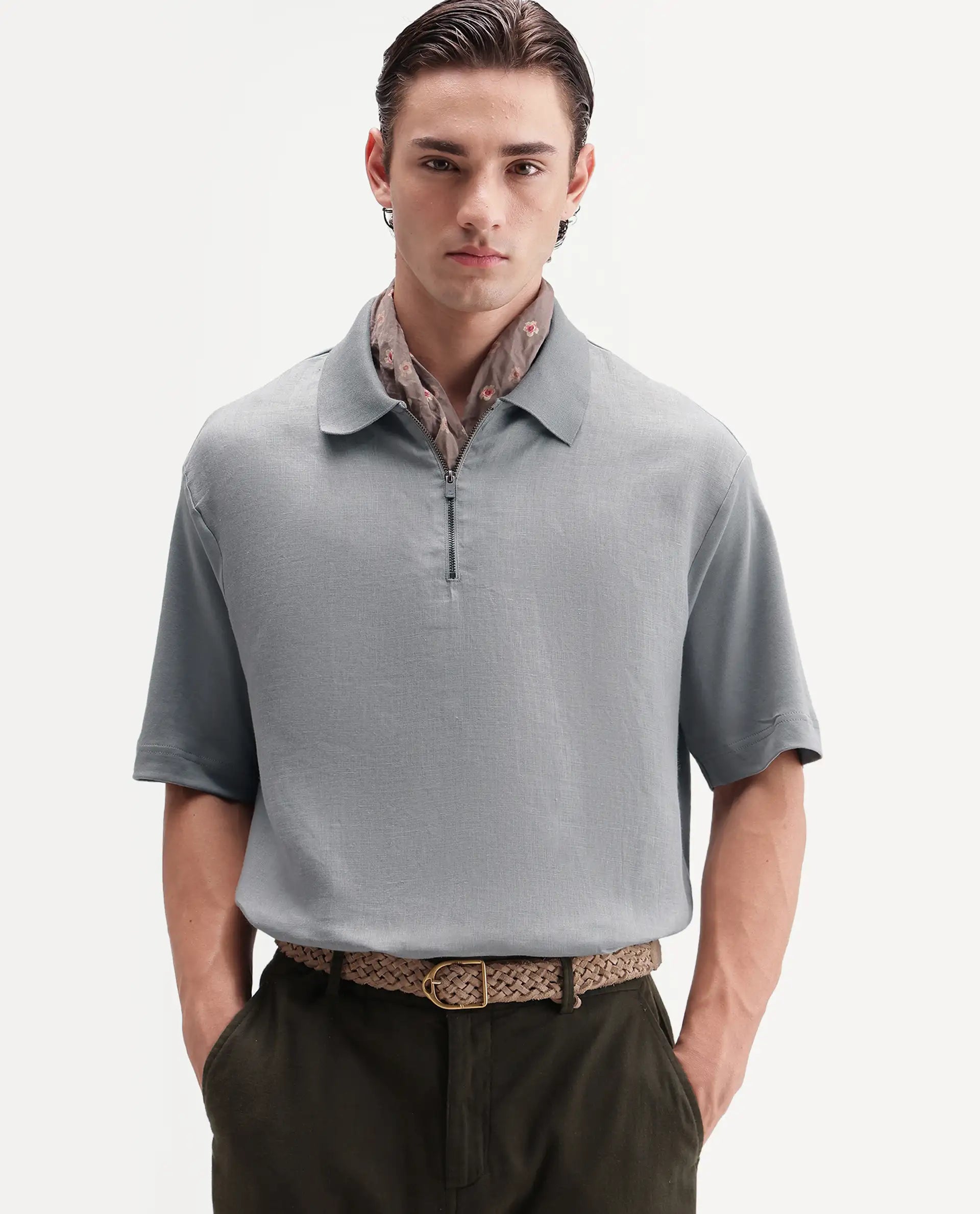 Rare Rabbit Men's Cosma-S26 Light Grey Linen Blend Fabric Half Sleeve Spread Collar Regular Fit Plain Polo