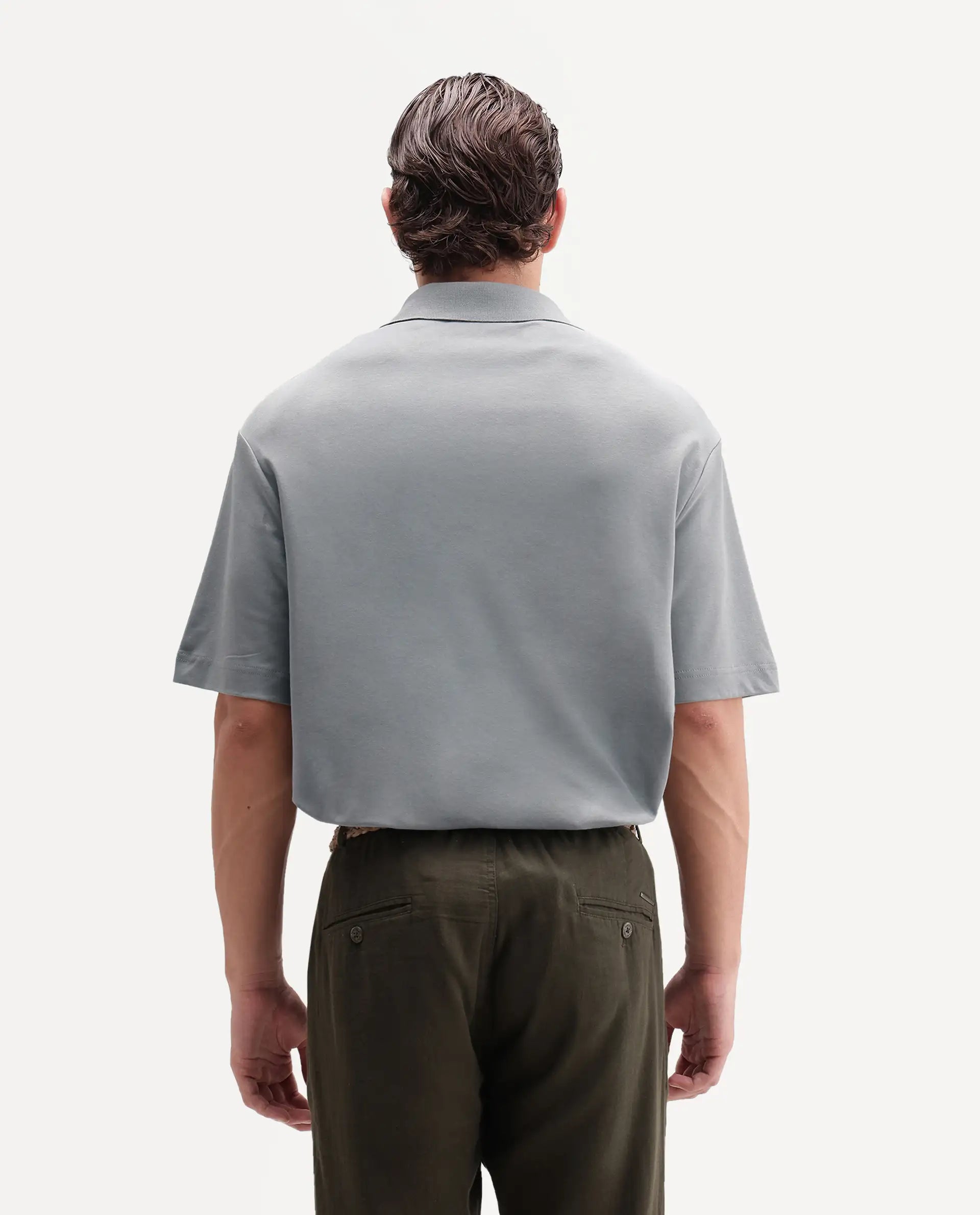 Rare Rabbit Men's Cosma-S26 Light Grey Linen Blend Fabric Half Sleeve Spread Collar Regular Fit Plain Polo