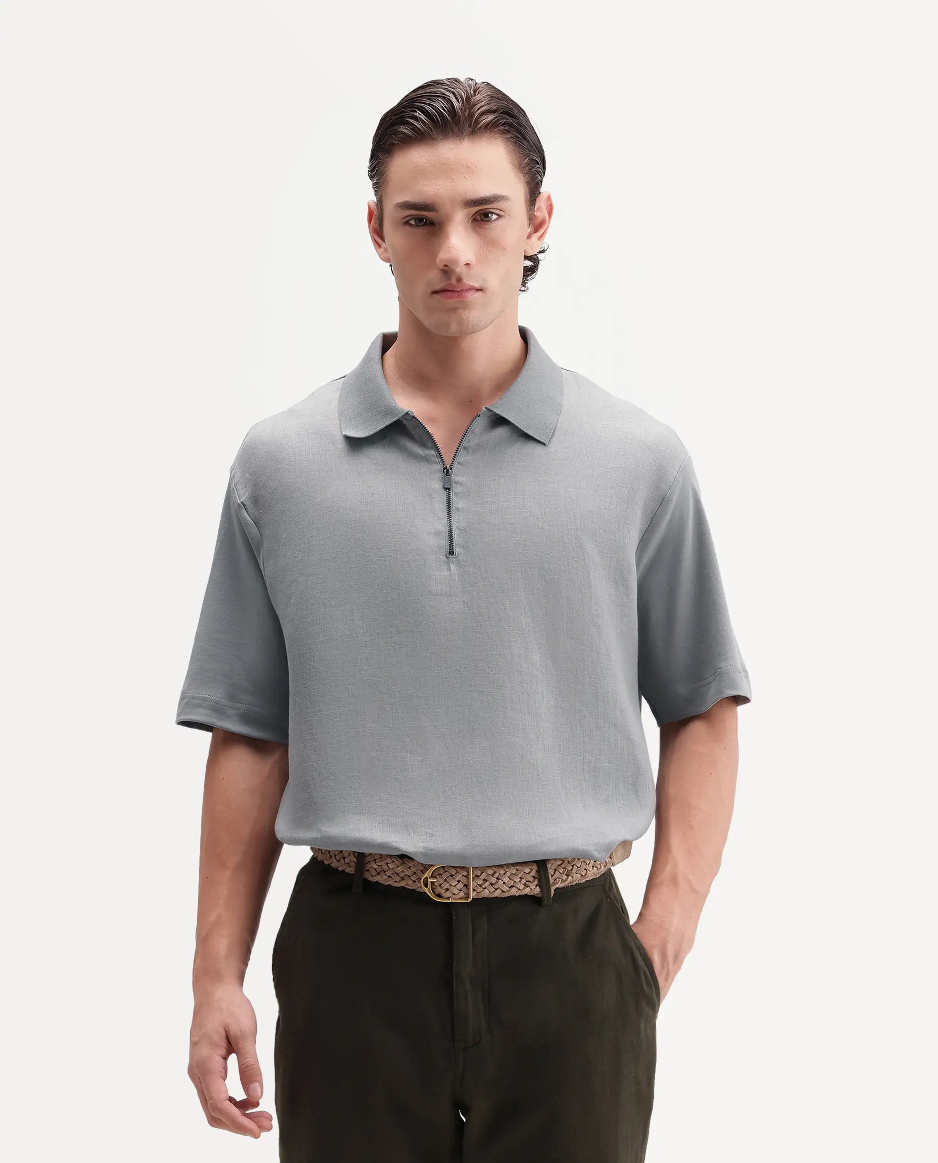 Rare Rabbit Men's Cosma-S26 Light Grey Linen Blend Fabric Half Sleeve Spread Collar Regular Fit Plain Polo