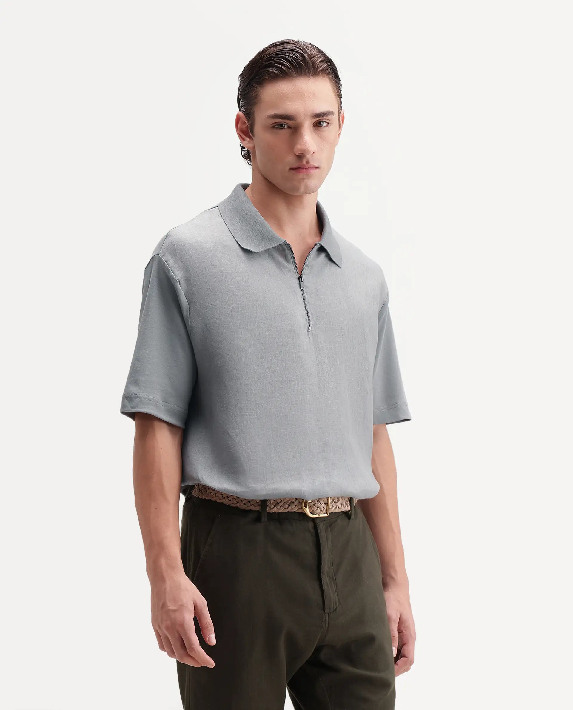 Rare Rabbit Men's Cosma-S26 Light Grey Linen Blend Fabric Half Sleeve Spread Collar Regular Fit Plain Polo