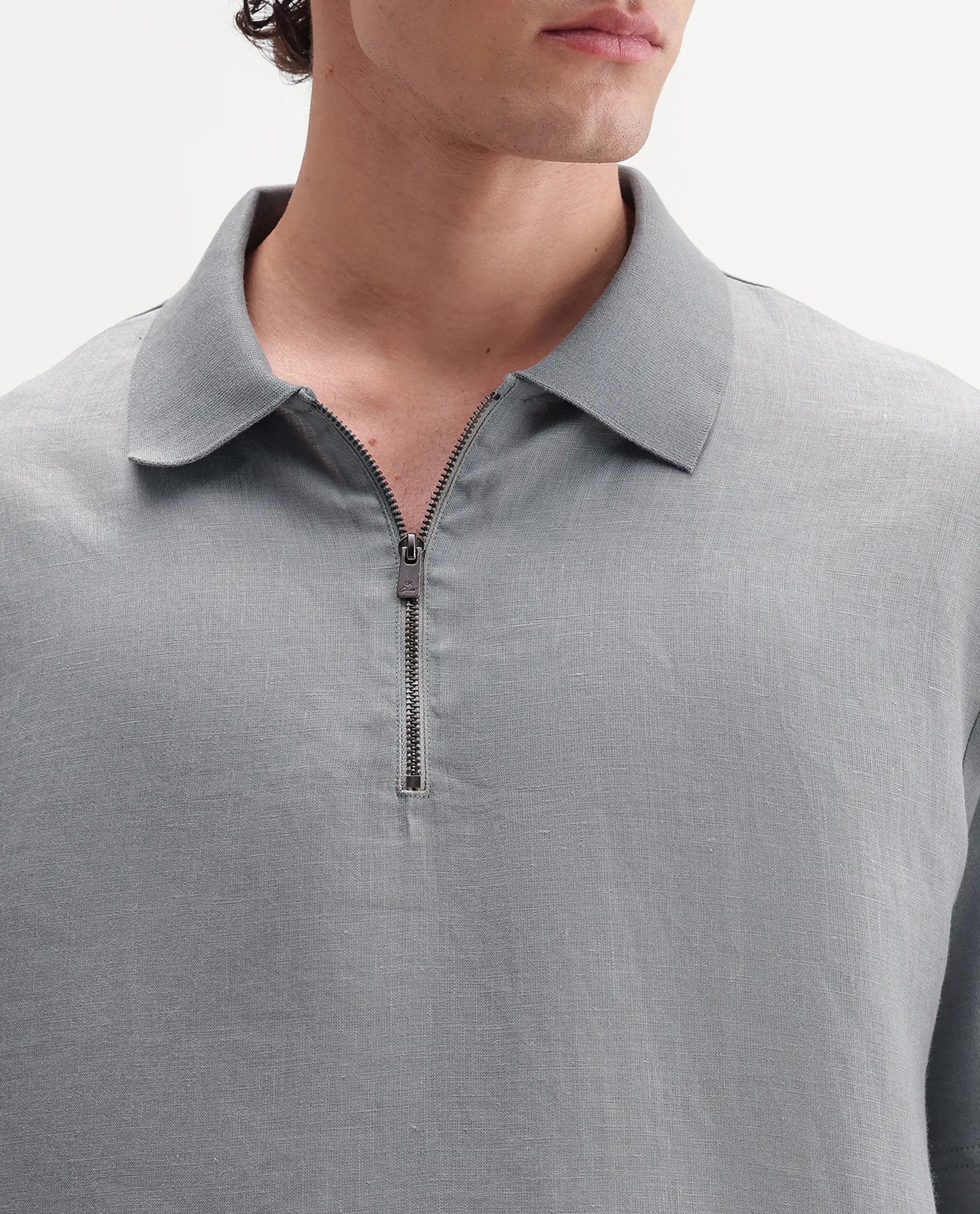 Rare Rabbit Men's Cosma-S26 Light Grey Linen Blend Fabric Half Sleeve Spread Collar Regular Fit Plain Polo