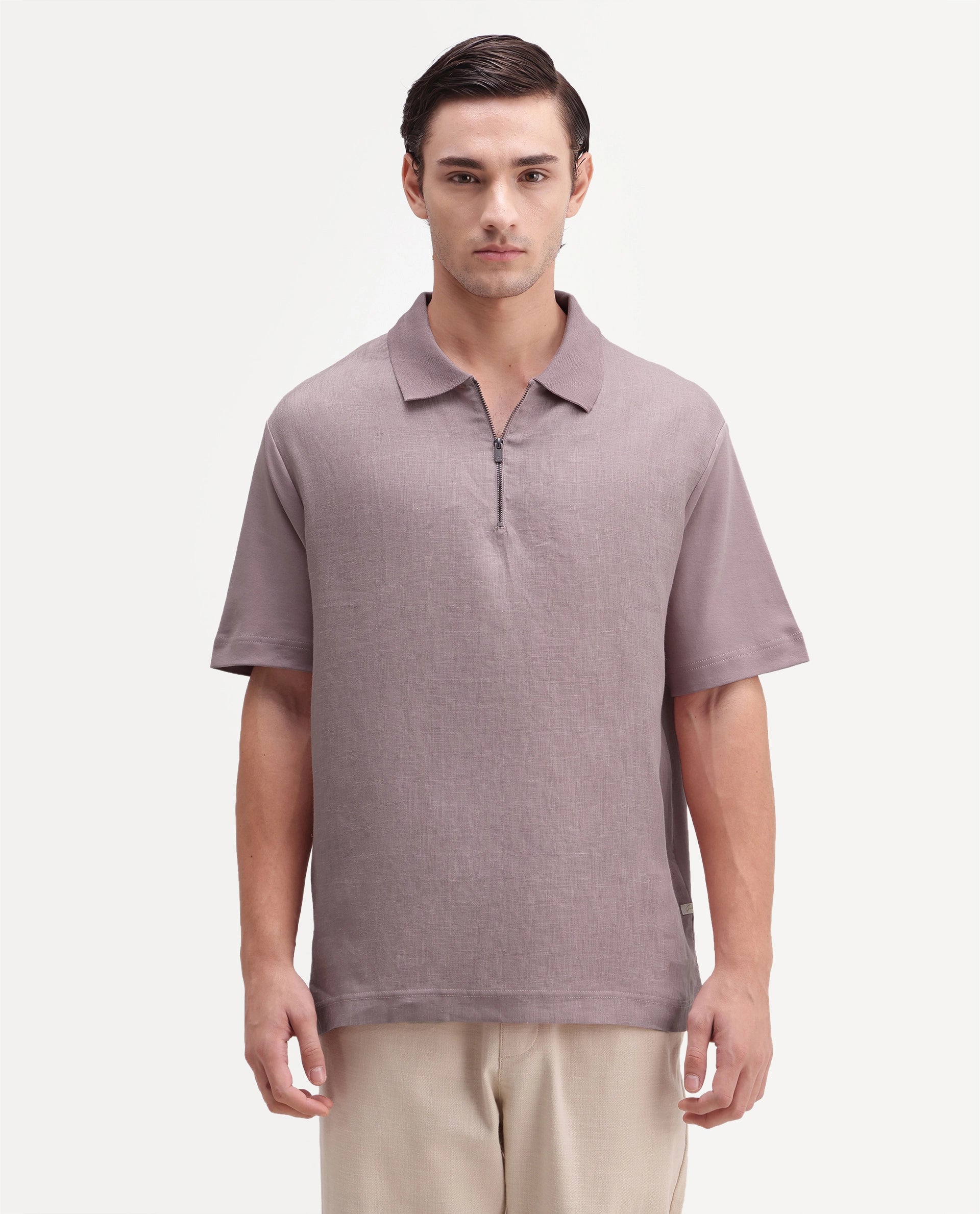 Rare Rabbit Men's Cosma-S26 Dusky Pink Linen Blend Fabric Half Sleeve Spread Collar Regular Fit Plain Polo