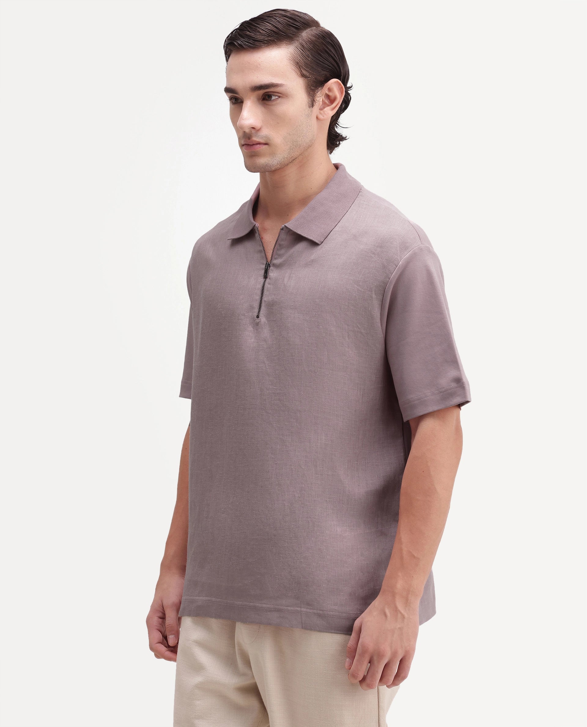 Rare Rabbit Men's Cosma-S26 Dusky Pink Linen Blend Fabric Half Sleeve Spread Collar Regular Fit Plain Polo
