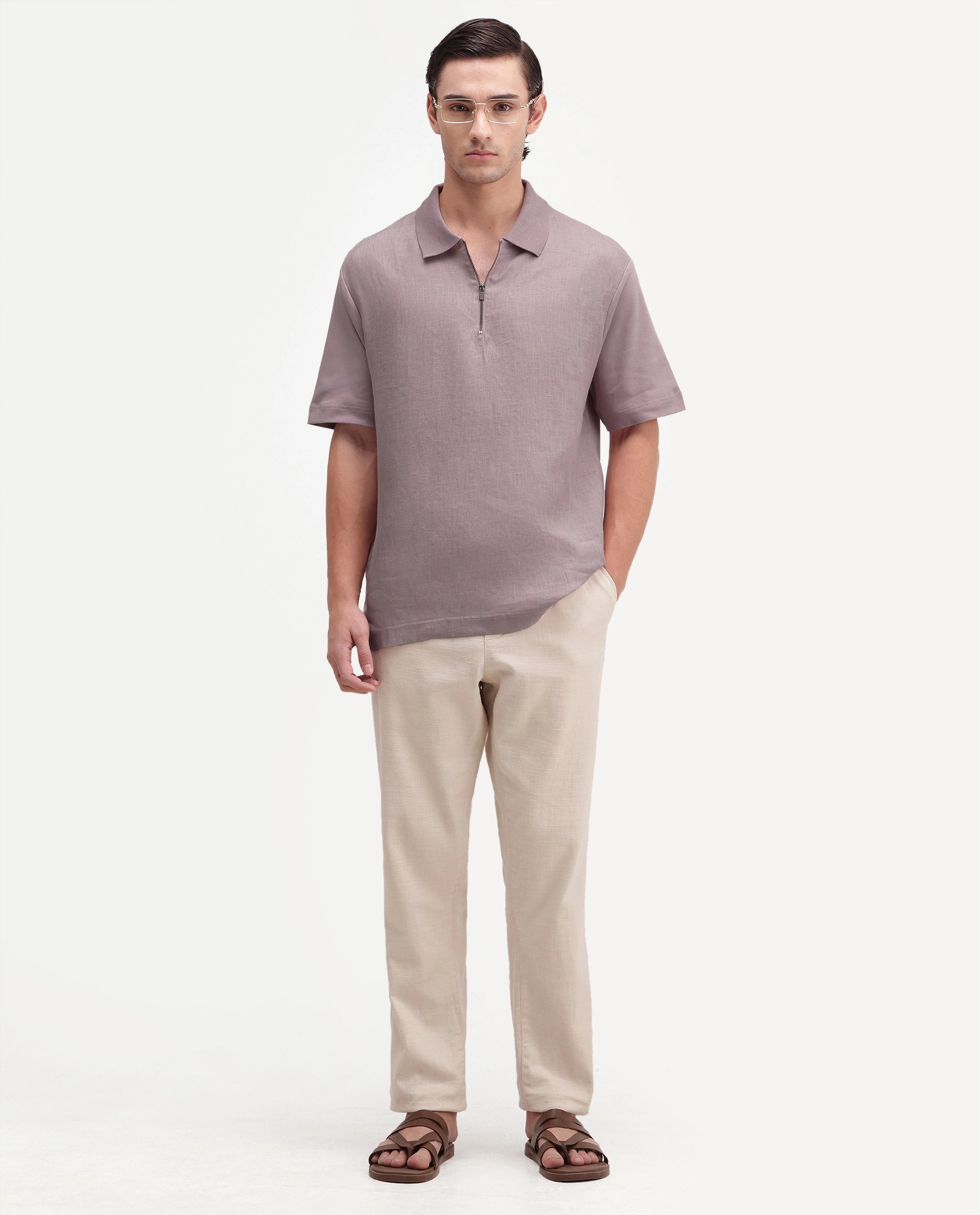 Rare Rabbit Men's Cosma-S26 Dusky Pink Linen Blend Fabric Half Sleeve Spread Collar Regular Fit Plain Polo