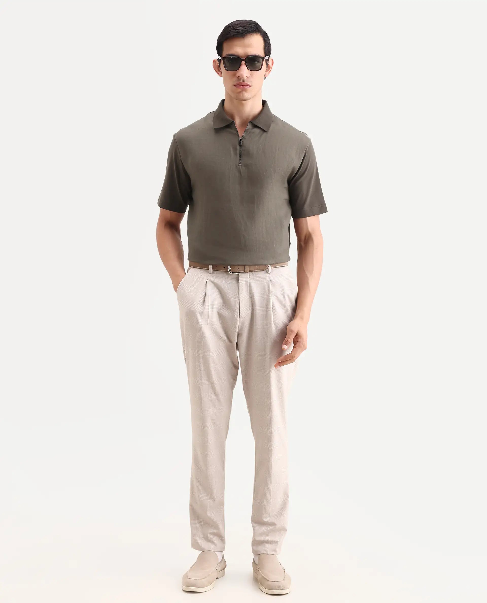 Rare Rabbit Men's Cosma-S26 Olive Linen Blend Fabric Half Sleeve Spread Collar Regular Fit Plain Polo