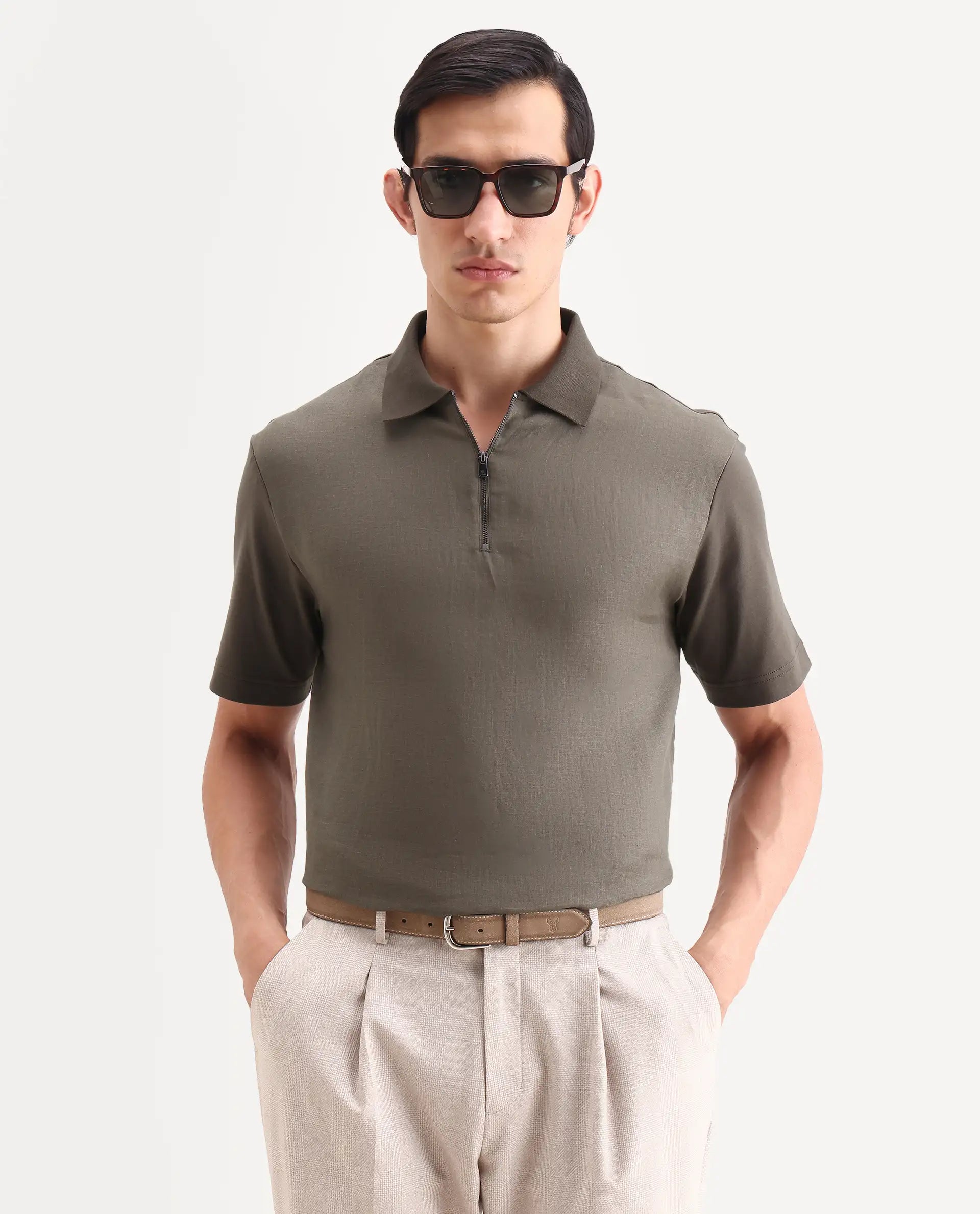 Rare Rabbit Men's Cosma-S26 Olive Linen Blend Fabric Half Sleeve Spread Collar Regular Fit Plain Polo