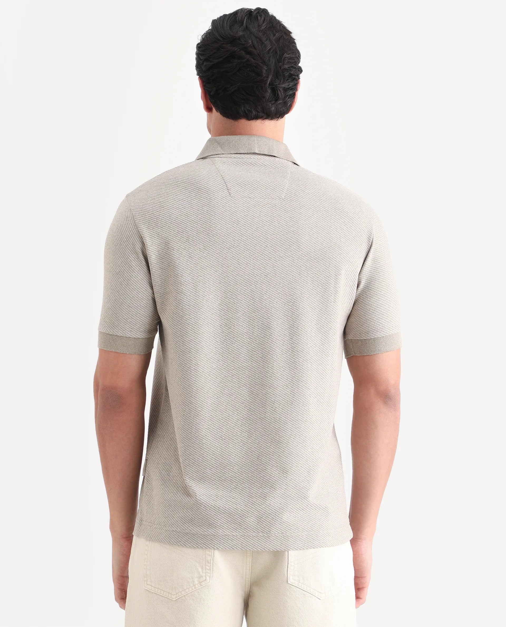 Rare Rabbit Men's Digi Beige Cotton Blend Fabric Half Sleeve Johnny Collar Regular Fit Plain Polo