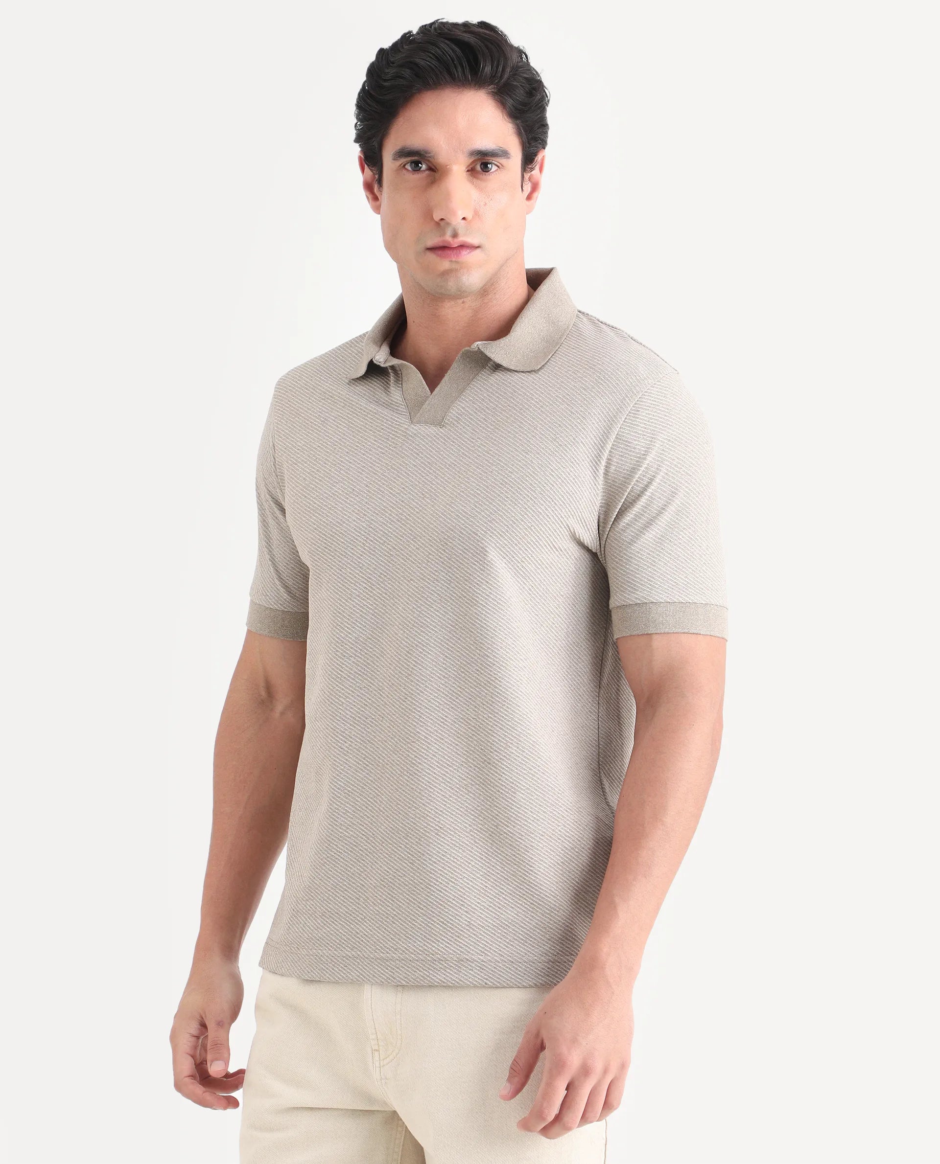 Rare Rabbit Men's Digi Beige Cotton Blend Fabric Half Sleeve Johnny Collar Regular Fit Plain Polo