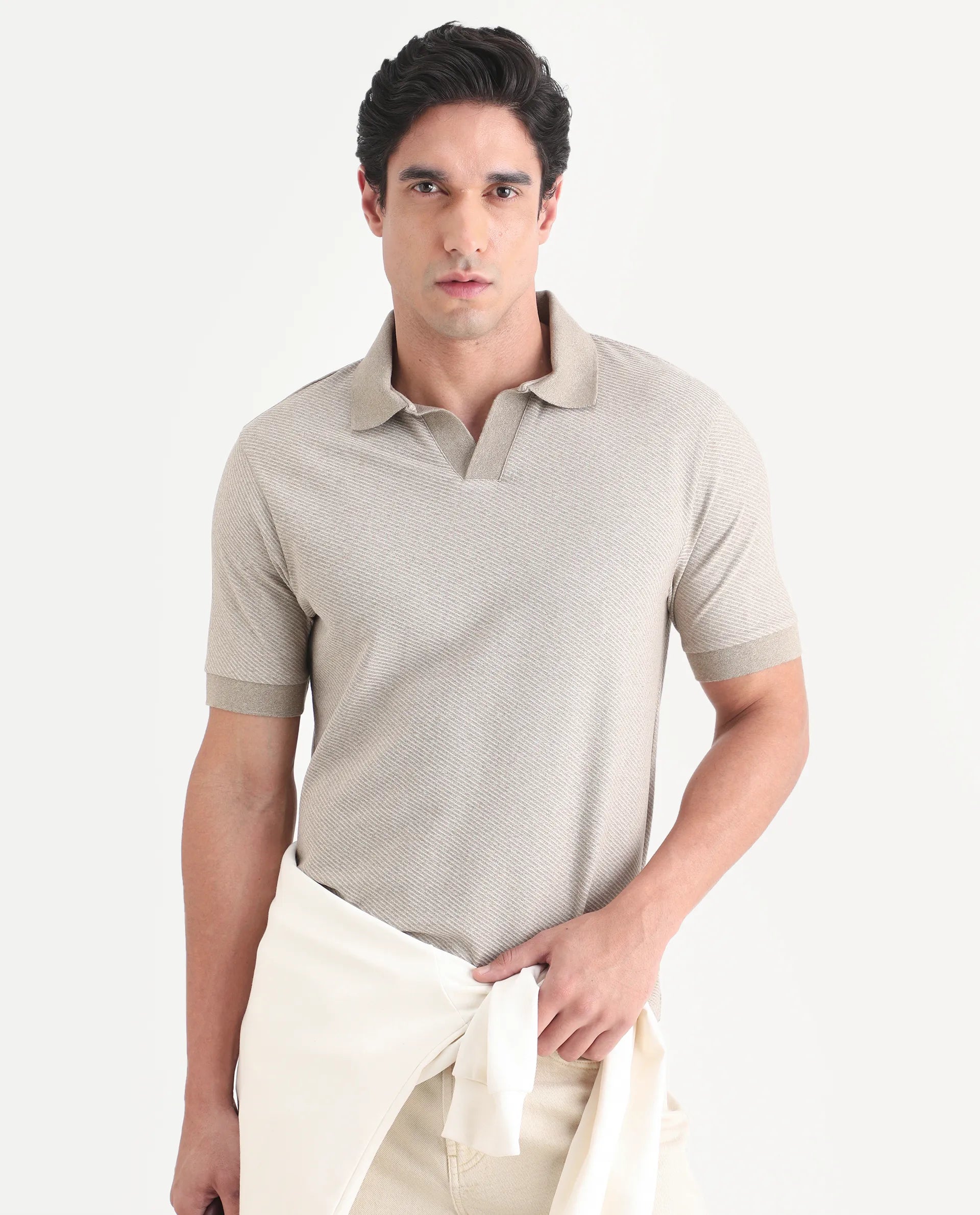 Rare Rabbit Men's Digi Beige Cotton Blend Fabric Half Sleeve Johnny Collar Regular Fit Plain Polo