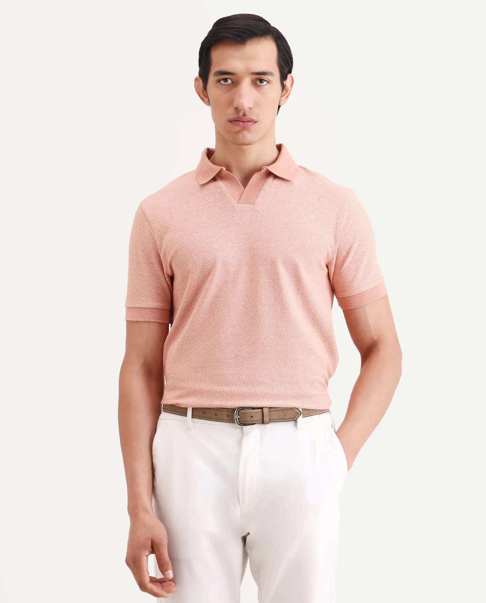 Rare Rabbit Men's Digi Pastel Peach Cotton Blend Fabric Half Sleeve Jonny Collar Regular Fit Plain Polo