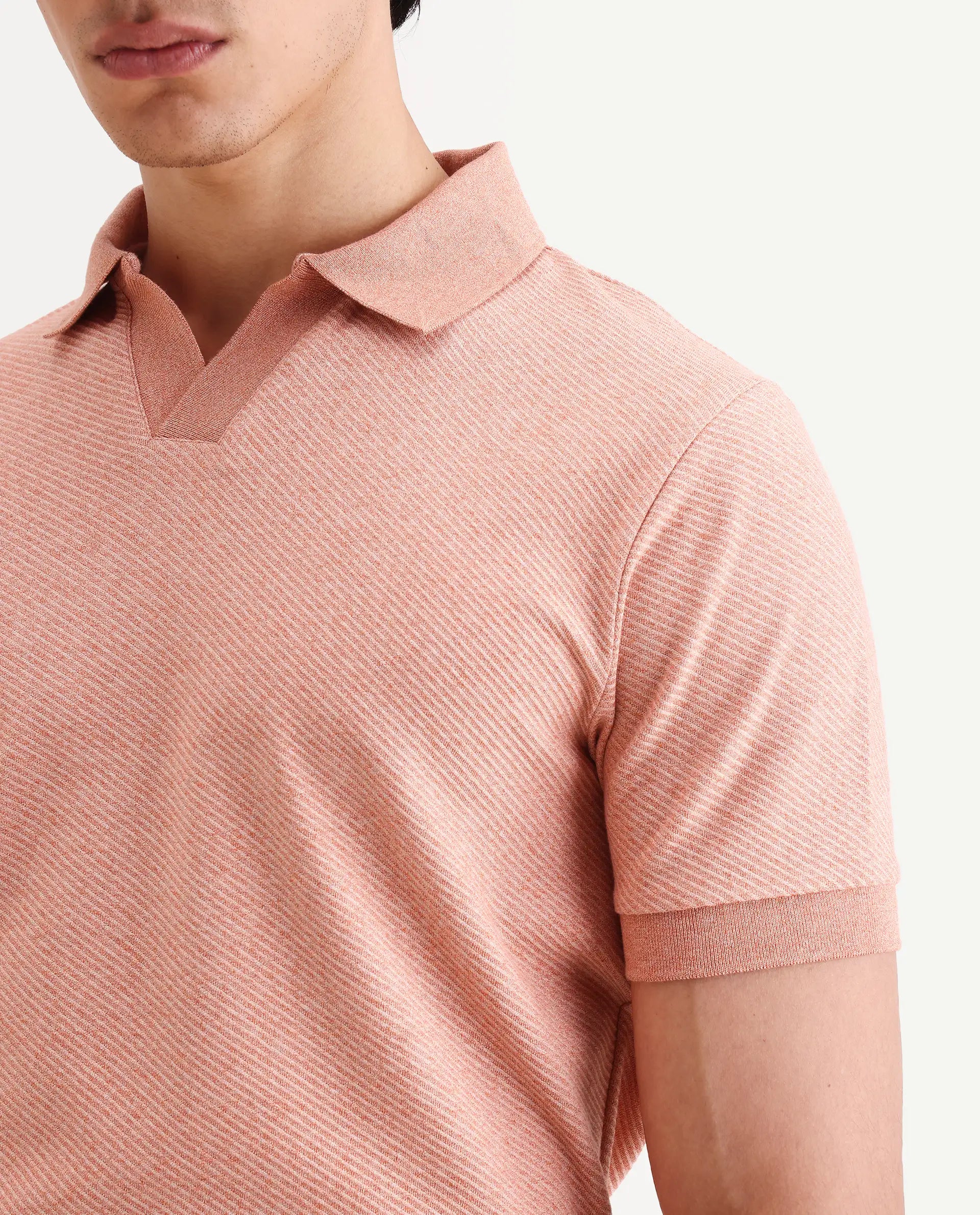 Rare Rabbit Men's Digi Pastel Peach Cotton Blend Fabric Half Sleeve Jonny Collar Regular Fit Plain Polo