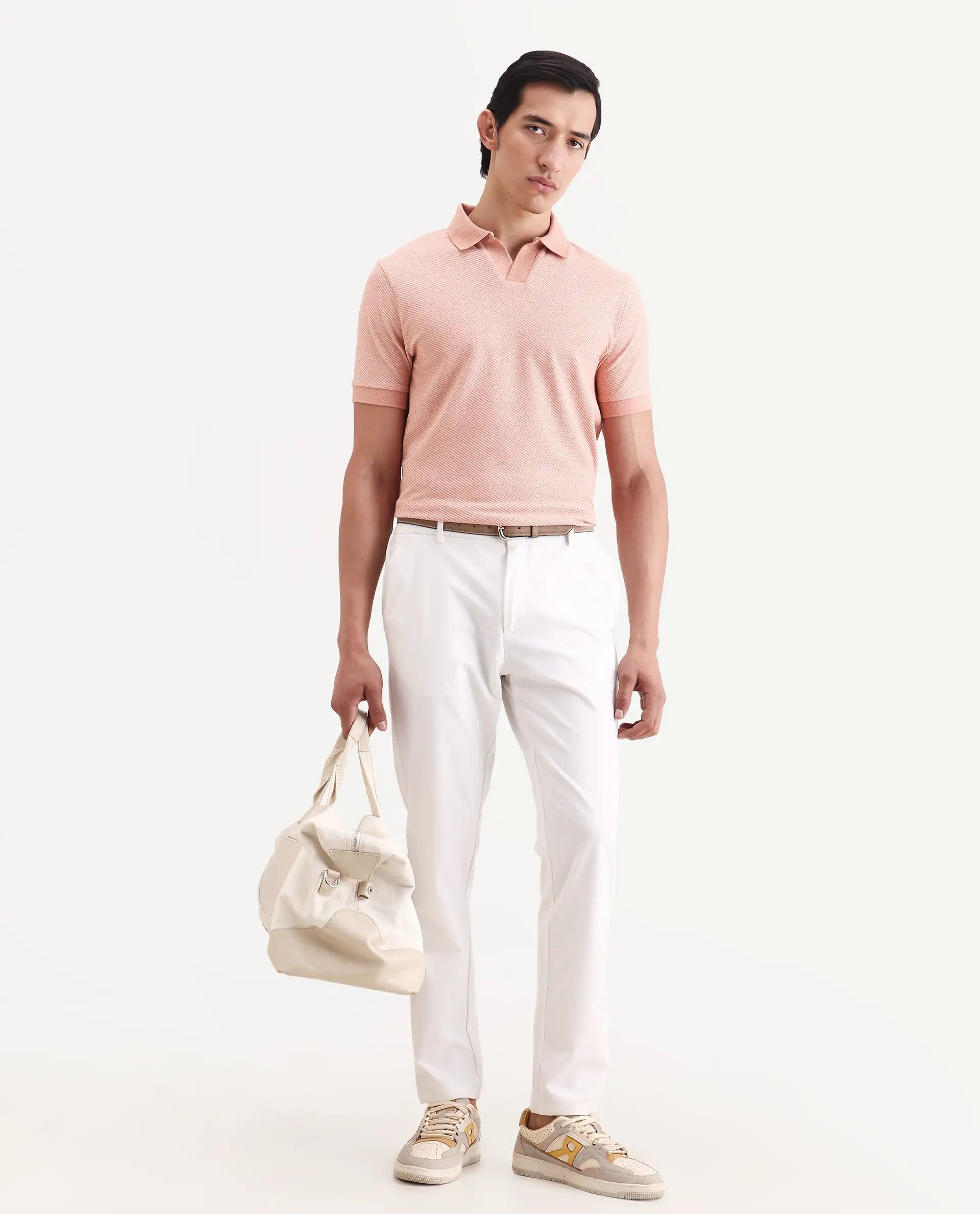 Rare Rabbit Men's Digi Pastel Peach Cotton Blend Fabric Half Sleeve Jonny Collar Regular Fit Plain Polo